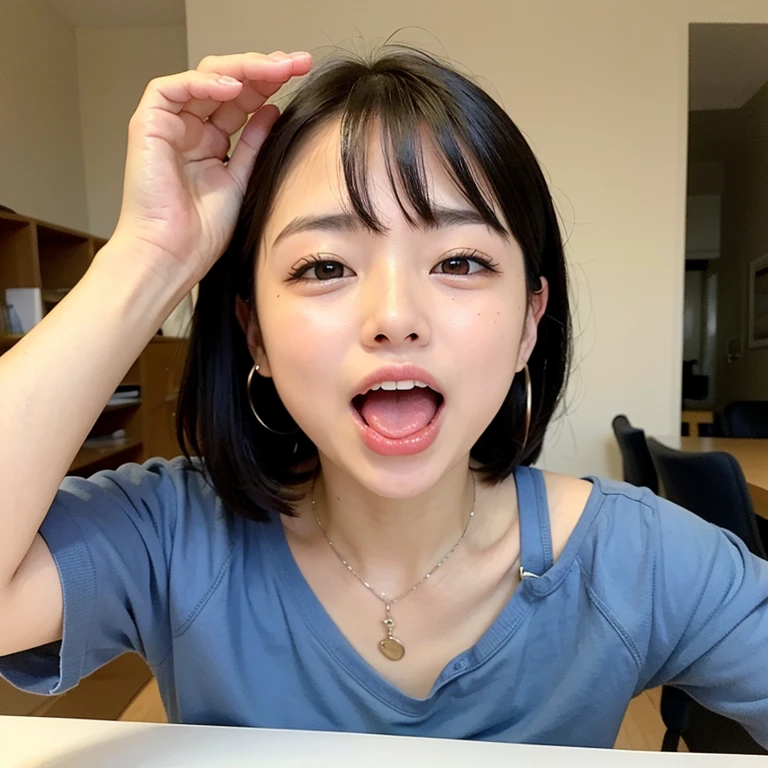 Top quality、Excellent detail、Extremely detailed depiction、((Raw photo))、Delicate skin、Ultra-high resolution、Photorealistic、Bright lighting、(Childish Japanese woman)、Hair up、Mischievous Smile、(Hands on your face:1.2)、short tongue、(looking at the camera:1.1)