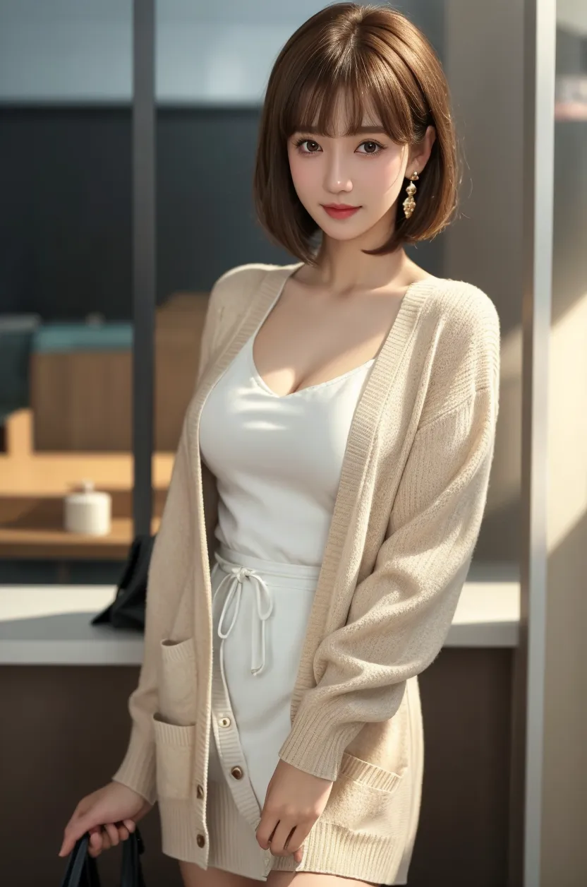 巨作, Top image quality, A high resolution, 独奏, small tits, 40yo, (wrinkles:0.08), 1 persons, Stylish restaurant, sits on a chair, Stylish coordination, Bob Hair,