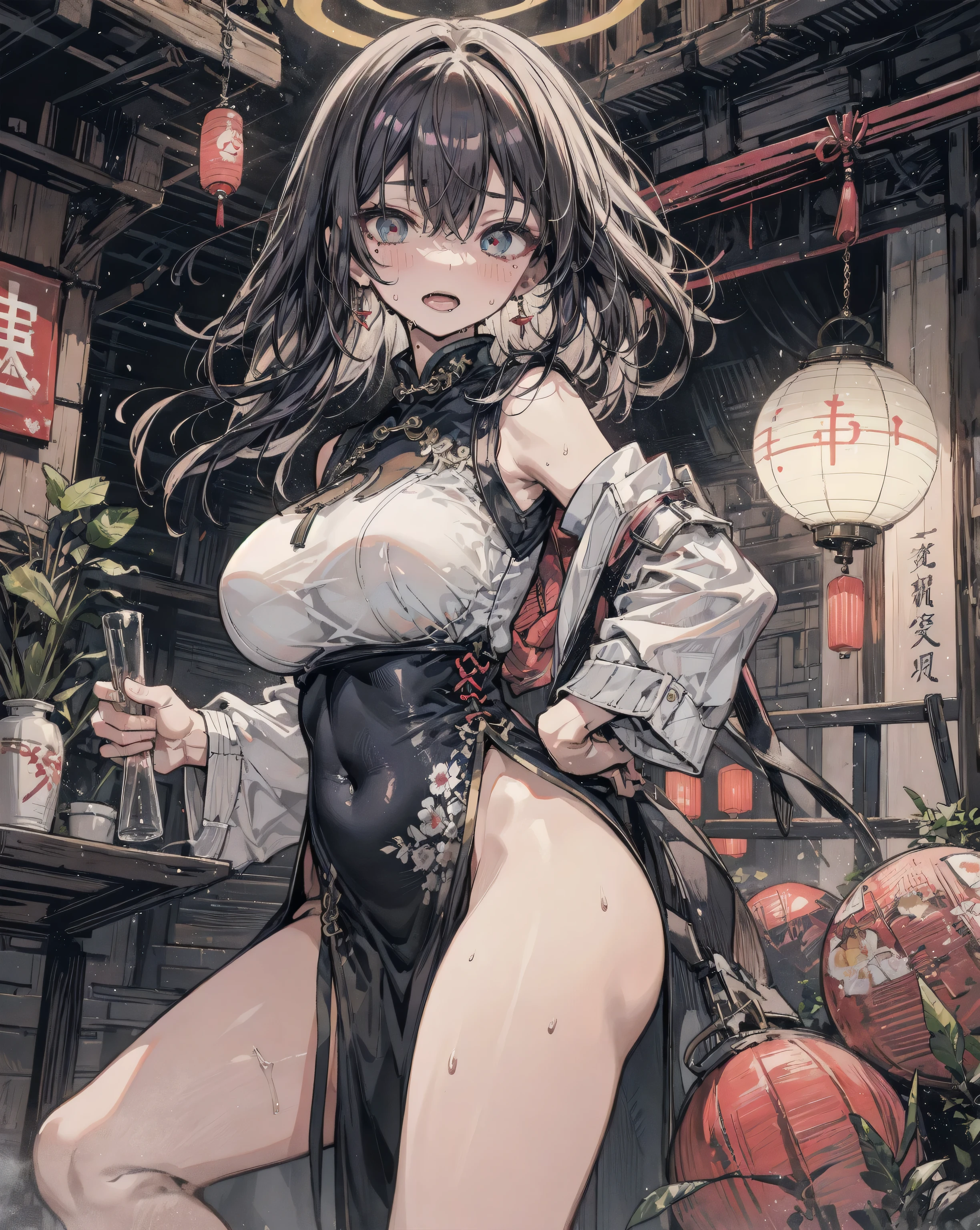 ((in shrine)), red-black costume, holding a sword, Onmyoji, nobushi, Flowing white robe, Ghost fire, Daoism, (put on Mask), absurdres, RAW photo, extremely delicate and beautiful, masterpiece, Best Quality, ultra high resolution, 32k, hyperrealistic, ultra-detailed, detailed description, pale skin, 20 years old, tearful mole, earring, Colossal tits, short medium hair, wavy hair, evil grin, full body shot,