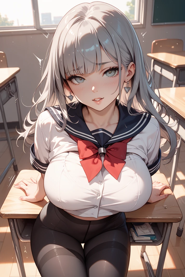 (cute eyes), (8K、Best image quality、highest quality、masterpiece)、Detailed face、Improve、(open mouth), (skinny body),(medium breasts), (school uniform),(Light blue striped underwear), (cleavage), Sit on a chair, Classroom Background, (black stockings), (Thighs:1.2), (Waistline:1.2)