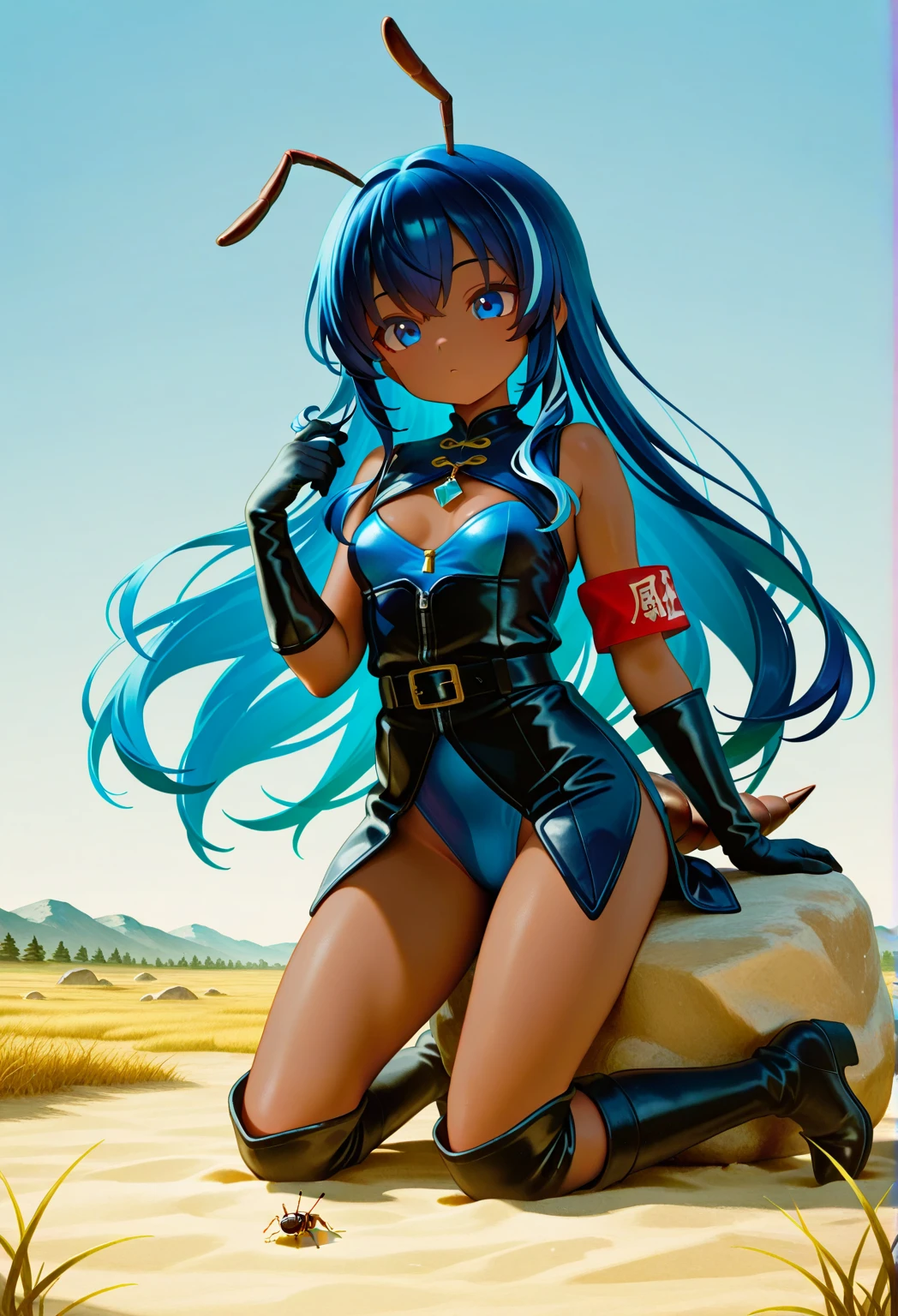 masterpiece, best quality,  kayna, headdress, feathers, tribal, bikini armor, (huge breasts), vambraces, (cyan hair, ponytails), tattoo, bodypaint, standing, looking at viewer, full body, smile, beach, sky, clouds