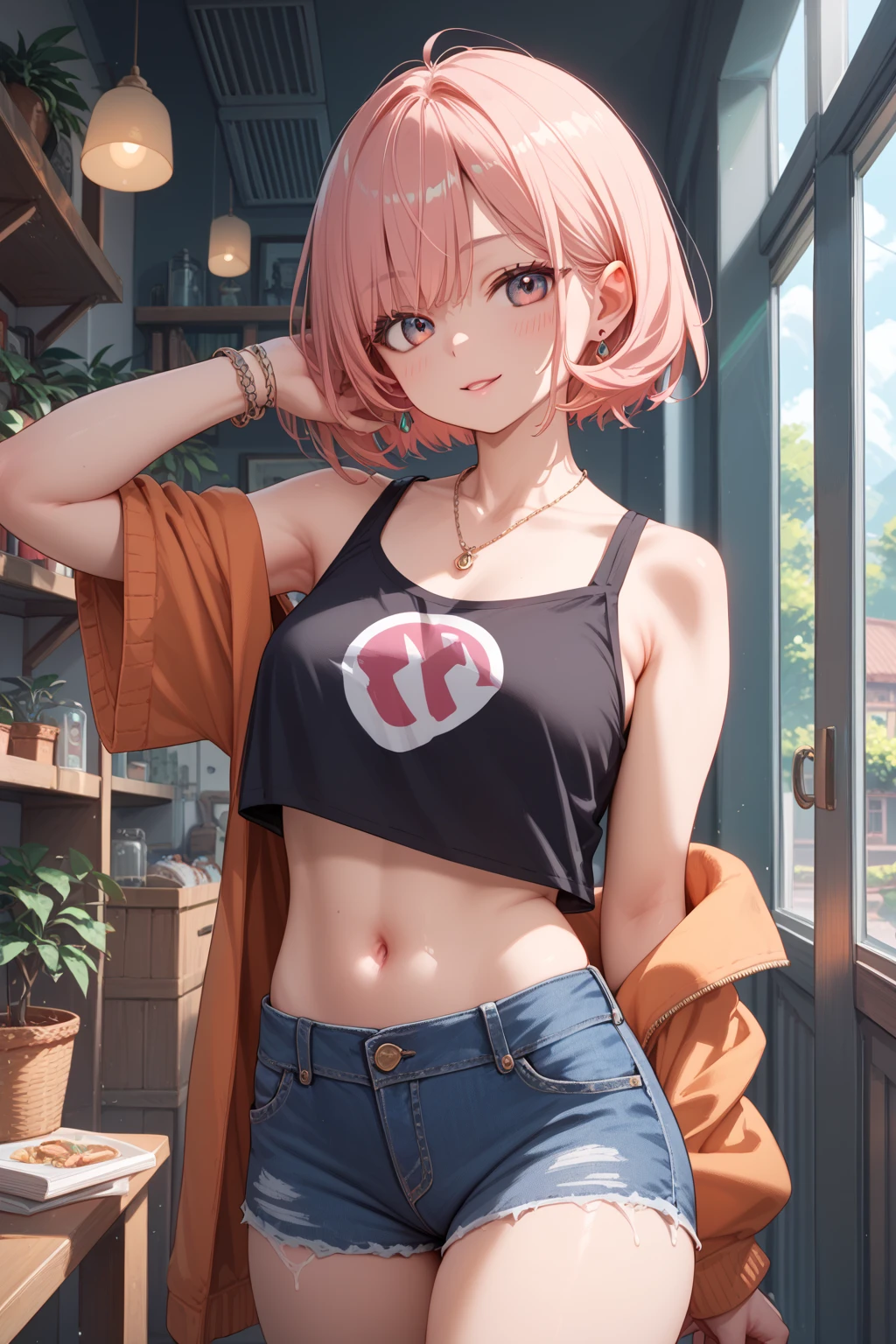 create an anime girl in a short denim skirt and a 21-year-old pink tank top in a cityscape