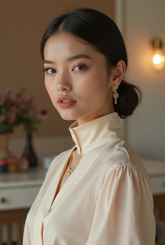 (masterpiece, best quality), female fifty-something, broad-shouldered, east asian, honey eyes, protruding ears, snub nose, wide chin,   low forehead, diamond face shape with angular cheeks,   smoky eye makeup , emerald green straight haircut hair, admiration wearing nightgown, bardot top,  , side profile pose, turning to the side with a seductive glance, emphasizing facial features and allure, misty lighting, soft, misty light adding an air of mystery and enchantment to the scene, a charming bakery, with mouth-watering pastries and the sound of friendly chatter