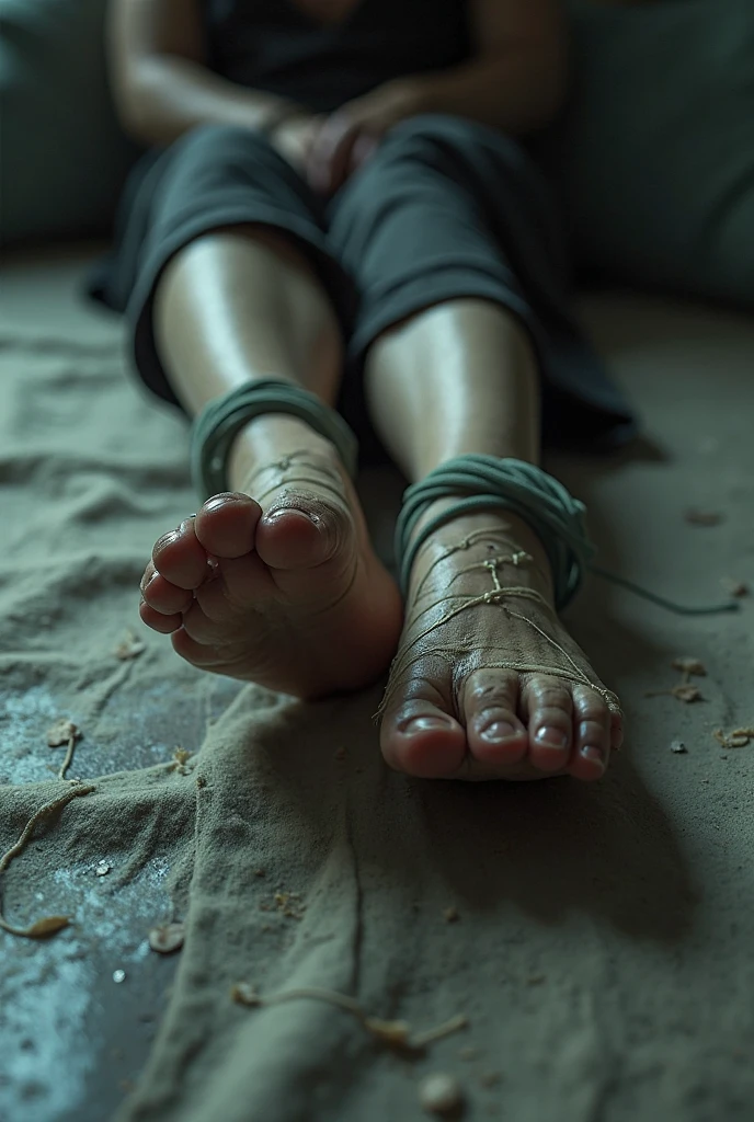 Woman tied hands and feet, after anal rape