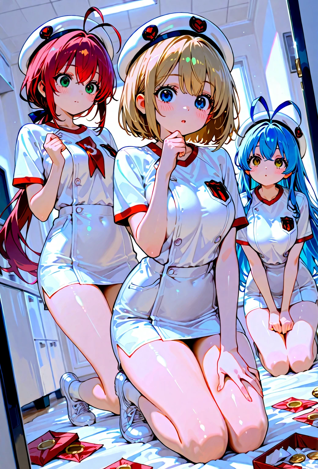 (masterpiece, best quality, 8k wallpaper:1.2 ), ultra detailed, absurdres, highres, long blue-green twintail hair, (hatsune miku:1.3), 27 yo, full body, ((1girl)), (large breasts), (((glossy slippy smooth texture {blue|black} one-piece japanese school swimsuit:1.3))), ((motherhood kind smile, head tilt:1.2, squinting eyes, wince, closed mouth)), (masterpiece, best quality, 8k wallpaper:1.2 ), ultra detailed, absurdres, highres, long blue-green twintail hair, (hatsune miku:1.3), 7 yo, Elementary school student, short legs, short arms, petit, being stumpy, full body, ((1girl)), (flat chest), (((glossy slippy smooth texture {blue|black} one-piece japanese school swimsuit:1.3))), ((motherhood kind smile, head tilt:1.2, squinting eyes, wince, closed mouth)), (looking at viewer), too sweaty body, silky skin, beautiful eyes, beautiful smile line, big blue eyes, shiny hair, beautiful detailed eyes, beautiful detailed skin, beautiful detailed clothes), framed double breasts, under bust, too wet skin, too wet clothes, glossy skin, glossy clothes, skindentation, skin tight, thick thighs, on the hospital bed, portrait, cute face, kawaii, (((peeping shot from ceiling, flirting))), peeping dripping, wide open legs, wide spread legs, squatting, get on your knees, realistic, realism, photorealistic, (((waterfall milk is dripping from the crotch))), both inner thighs, ((white nurse cap, too wet see-through too thin white over knee socks, white nurse shoes)), 1 panel, solo, lower body focus, ((a lot of milk on crotch and thighs)), perfect I sharped cleavage, arms down forwards,