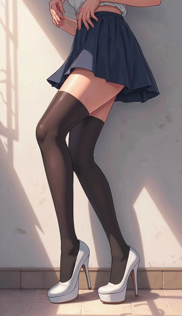 (masterpiece, best quality, super detailed, beautiful details eyes, Clean and delicate face), 1 lady, solo, from below, (whole body, standing), Single Braided blonde pony tail, parted bangs, forehead, blue eye, slight smile, white short sleeve shirt, mini plaid skirt, thigh, black Thigh-high stockings, Platform boots, simple color background