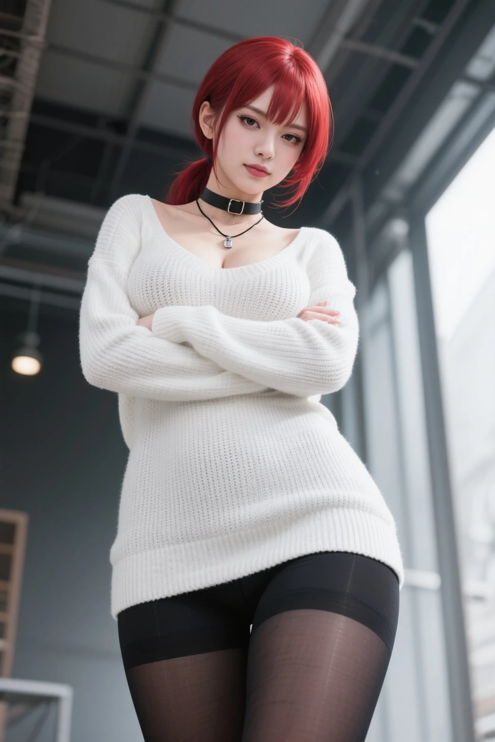 (masterpiece, best quality, cinematic, photorealistic, ultra-detailed), 1girl, thicc, (medium shot, from below:1.5), (Korean girl), (long sleek red hair, with bangs:1.3), perfect hands, perfect face, (bursting breasts:1.4), round ass, (white and smooth complexion), (wears white hooded and furred sweater, black shirt and skirt:1.3), (seductive pose), (green eyes, detailed pupils, blushing, slightly parted lips, nude lips), sitting crossed legs, (snowy background)
