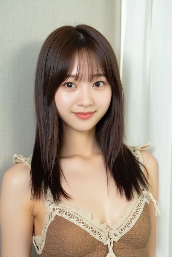 (Best-quality, Masterpiece, Ultra-High-Resolution, (Photorealistic:1.4), Raw Photo, depth of field, professional lighting, perfect anatomy, extremely details), 1girl, 15-years-old, the most famous Japanese idol, ((extremely cute realistic-face like the most popular Japanese idol, ((extremely cute and extremely big big-eyes)), extremely beautiful and extremely realistic hair)), (((extremely beautiful and extremely realistic skins))), extremely cute and extremely realistic long-eyelashes, extremely cute and extremely realistic lips, (((innocent smile)))
