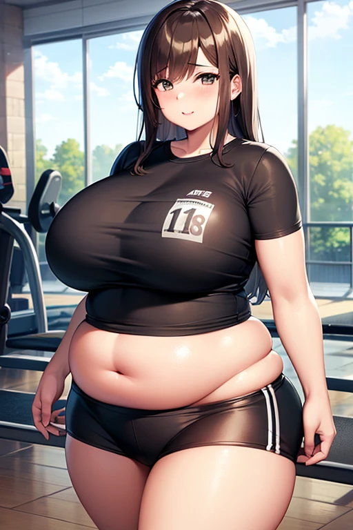 Girl, black hair, older sister, tie her hair in a ponytail and laugh at the speaker, high-quality picture, masterpiece, beautiful girl, cafe,tall women, wide hips, chubby woman, running, sweating, blushing, running, jogging