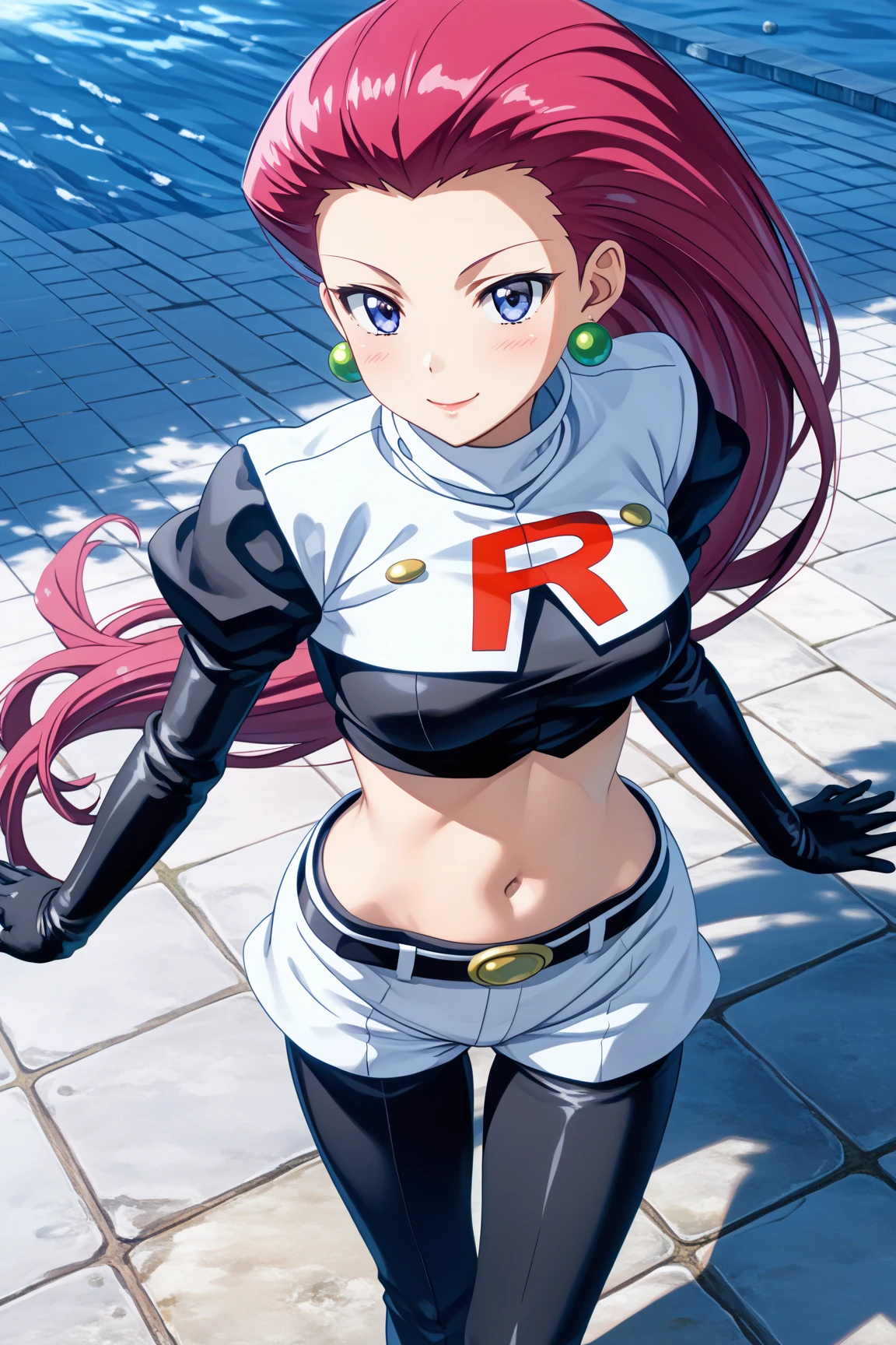 mj-kb, Emma Watson as Majin Buu,girl, athletic body, black sclera, red pupil, long pink hair, pink skin, big breasts, black leather shirt, white leather pants, harem pants, m on belt,
looking at viewer, serious, standing, outdoors,
sky background, blue sky, extremely detailed, HDR,