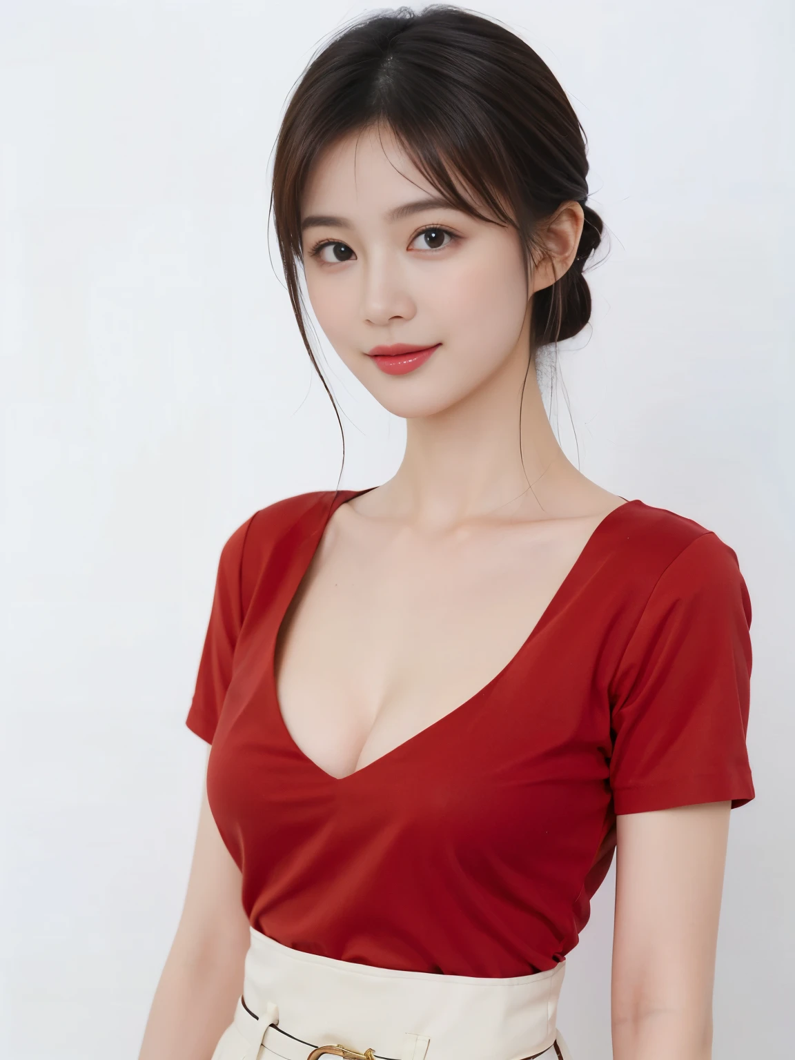 (lifelike,high resolution:1.3), A slim girl, The face shape and eyes are super delicate,black hair,red glossy lips,(beautiful face), (best quality), (Super detailed), (Extremely detailed CG unified 8k wallpaper),((Tight group)),(White background),(A little cleavage),(Model photo),sexy look,big eyes,(standing),(air bangs),(Slim waistline),Eyes look at the audience,Teardrop-shaped breasts,soft breasts,very realistic breasts,The character is centered,Fold your hands to your chest