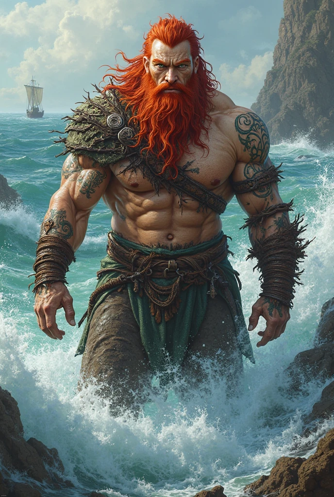 photo (LoneOcean: 0.5) (TimeCar: 1.1) A man half octopus from the waist down with his 8 blue tentacles, large and bright, on a stone amid the waves, from the waist up a muscular man with white shell accessories and silver chains, man with a red beard and bald.