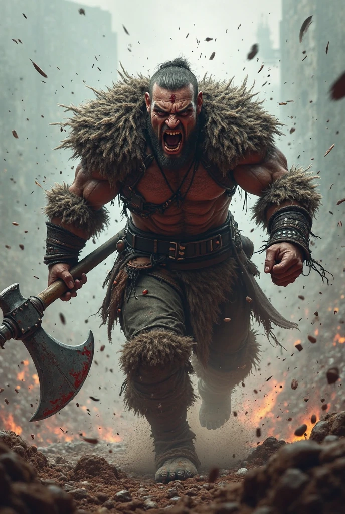 Muscular Viking Warrior, bearded, naked torso, wielding a bloody axe in one hand and the head of an enemy in the other. angry look, shouting victory, beard with blood