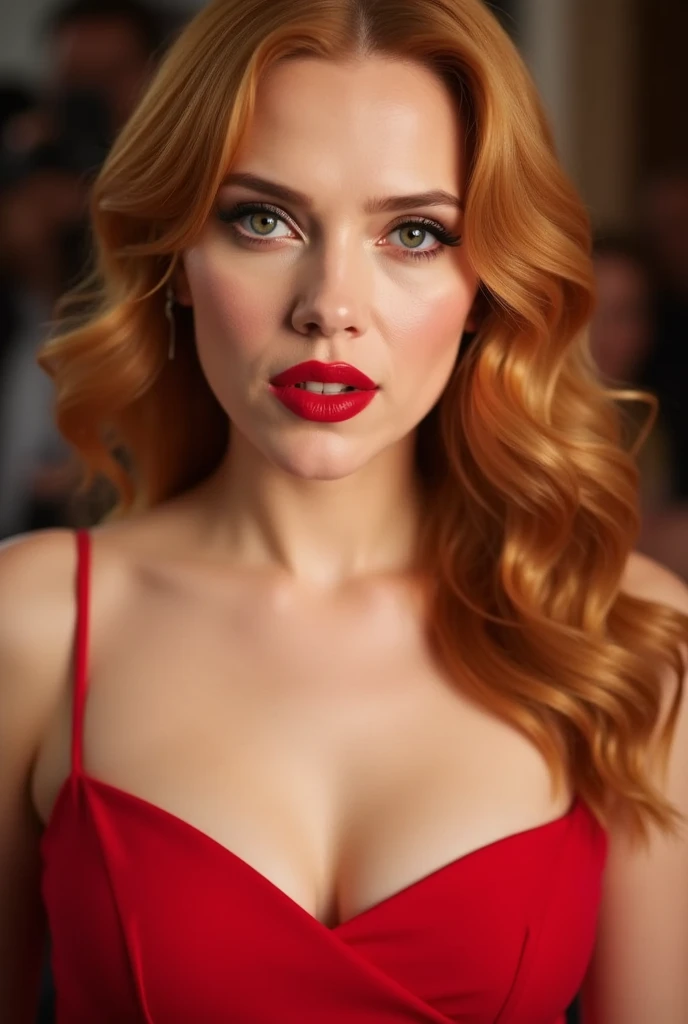 portrait photography, breasts larger than twice her head, glowing red hair, bright red lipstick, puckered lips, sparkling red dress, proper eye position, natural skin, backlight, cinematic light, rim light, soft light, in night time, detailed color graded background, highly detailed, HD, 8k, by Annie Leibovitz