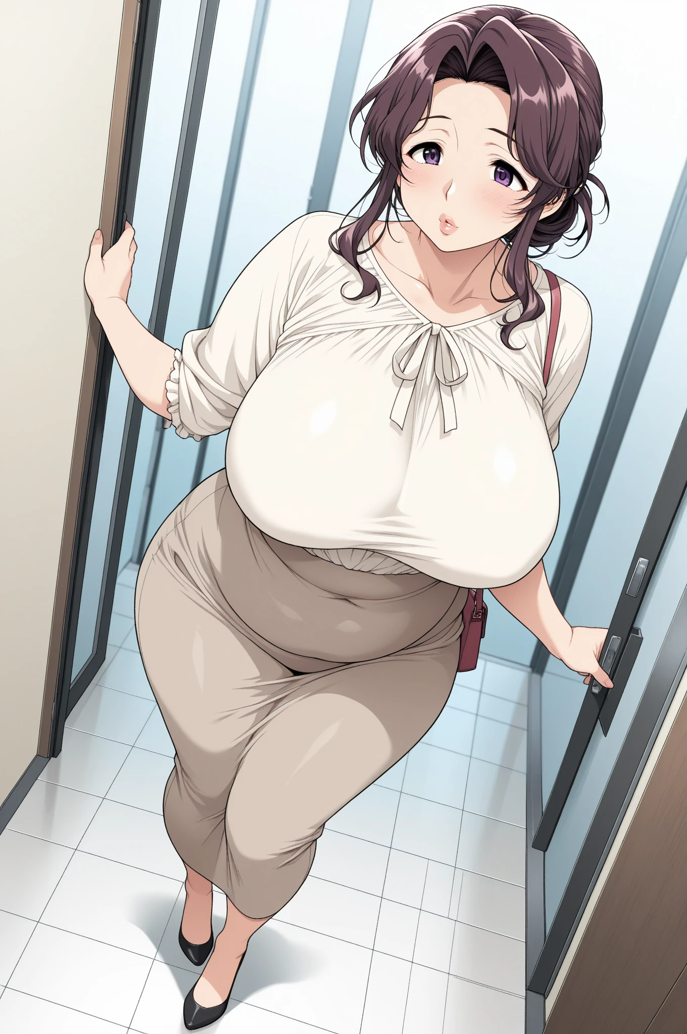 nsfw,long pencil skirt,undressing pattern blouse,mature modest female,adult curvy body,sweaty,trembling,female blushed and happy,opened pupils,(black hair),tied hair,saliva,standing at train,groped,from below