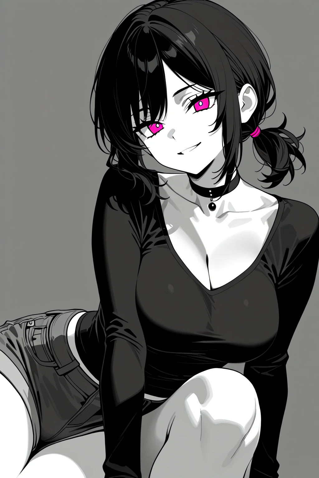 r17329_illu,masterpiece, newest,absurdres, incredibly absurdres,sketch, 1girl, ashley graves, black hair, ponytail, pink eyes, choker, cleavage, medium breasts, black shirt, long sleeves, denim shorts, room, bent over, smug, blush, cleavage, sketch, depth of field,  <lora:r17329_illu-000015:1>,<lora:Ashley_Graves:1>