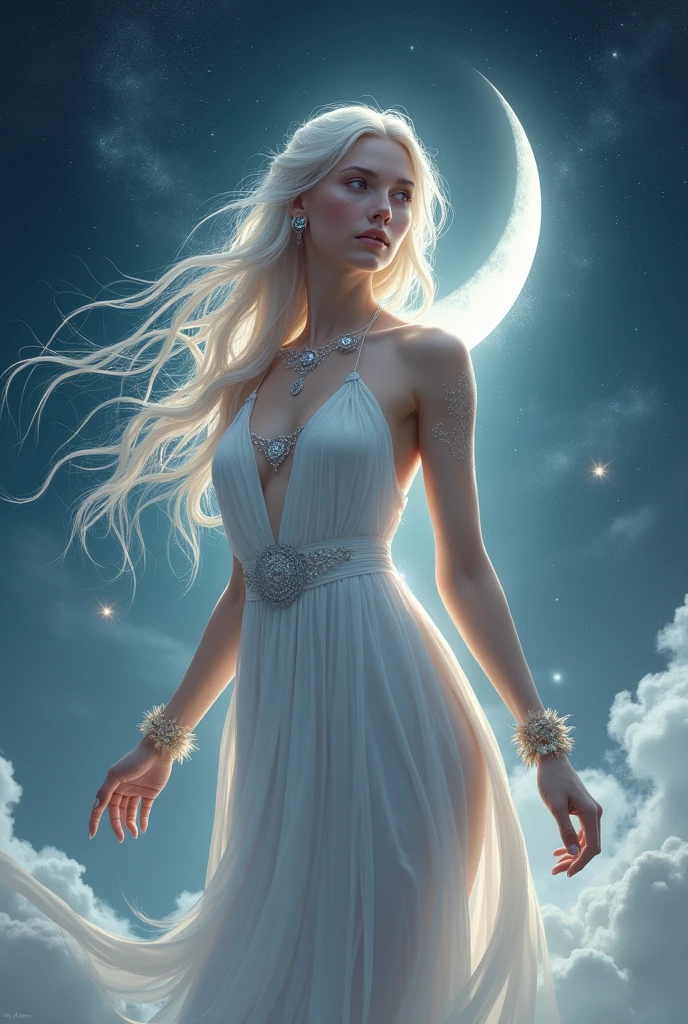 Moon Goddess　The background is a beautiful starless night.　The face is clearly visible　Celtic white clothes