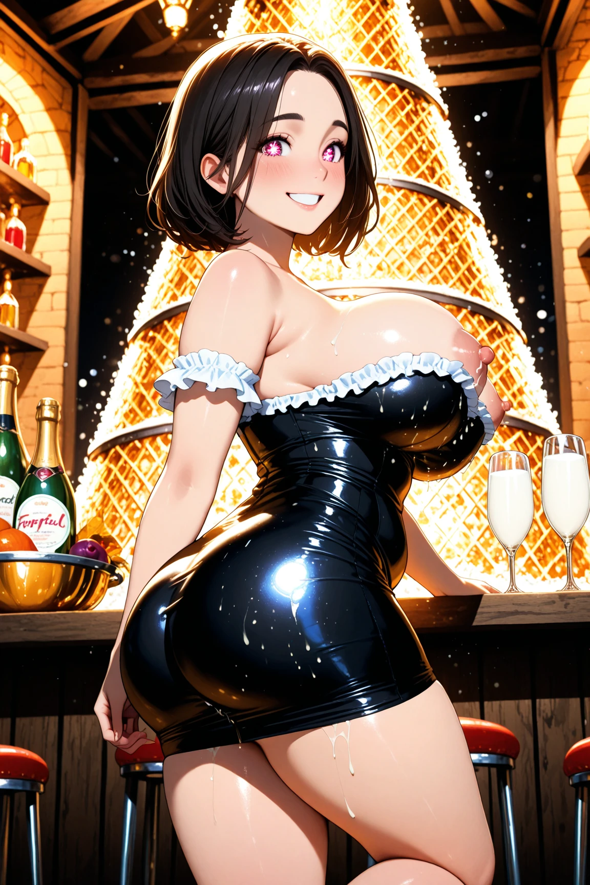 short black hair, tall, shiny skin, glossy skin, huge breasts, fit, dark skin, very dark skin, very long legs , cameltoe, angry smile, birthday cake