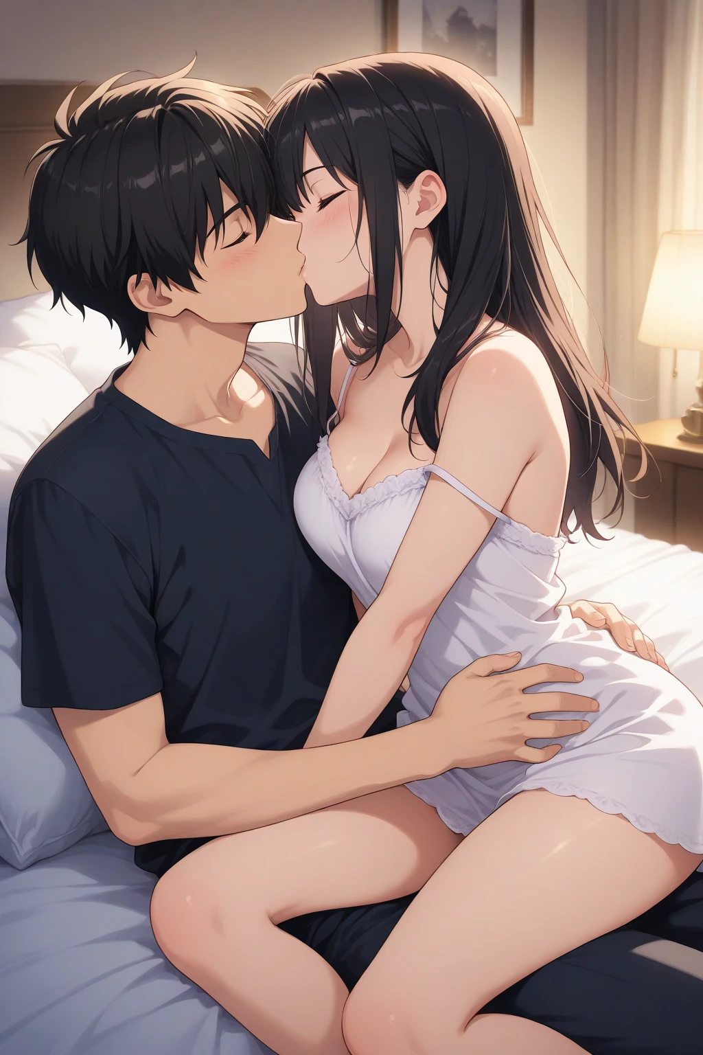 ​masterpiece, best quality, highres, 8K, ,medium breasts,1 girl,1 boy,embrace,Sex,im Bett,sporty_leotard,An_stomach,in the evening