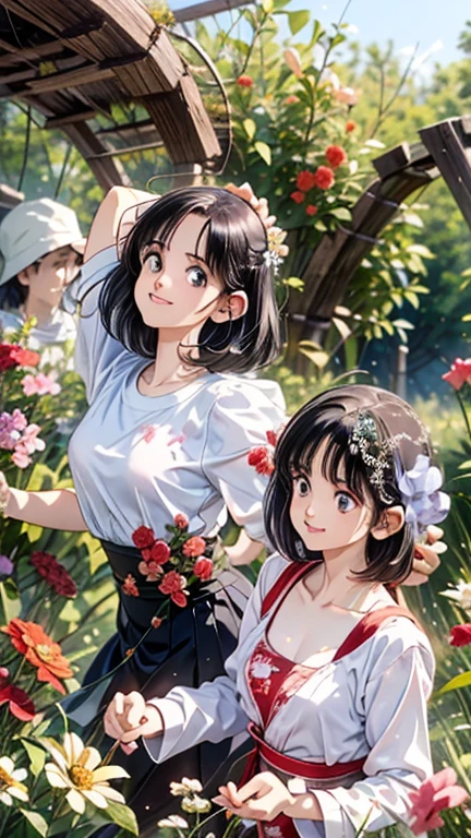 Ai animated Beautiful female character who is walking  his handat the side of road with in front of camer photos and take one photo in front camera wearing summer season clothes and black silkin colour hair shining with long hair at the top of city building she sited at the last corner building talking with her friend with laughing and smile to sitting with her friends in the long green garden to sit on the bench to sit down with her friends and the second one friends hair colour is green and yellow. And bring only two colour flower a
In her hand first one is in  a red and second one is in blue colour rose in who is in front of camera  and eye ball colour is change