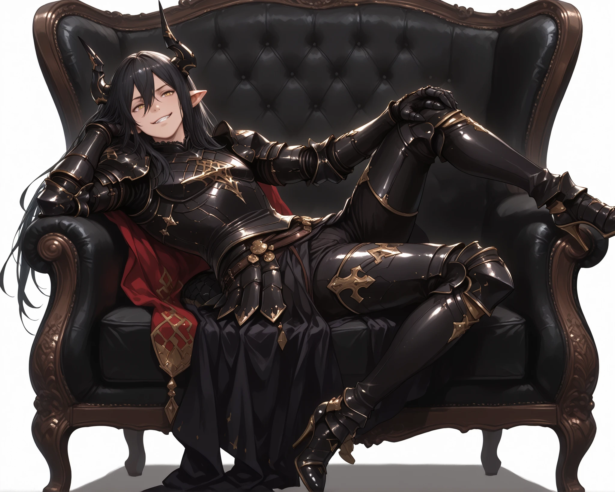 score_9, score_8_up, score_7_up, absurdres, (((128K Ultra High Resolution))), (masterpiece, best quality: 1. 5), (high definition: 1, 4), (highres), 8K wallpaper, (excellent graphics: 1. 5), CG, (((Japanese Anime style))), (Granblue Fantasy), (1 male), solo, (lean body, masculine), weredragon, glossy black, shiny black leather, ((beautiful golden eyes, finely detailed eyes, bright eyes, slit pupils)), hair between eyes, black hair, long hair, sideburns, wild hair, (sly grin, sinister grin, smirk), teeth, confident, (((ultra detailed face))), shiny skin, long pointy ears, twisted torso, long-legged, sculpted face, wasp waist, dragon horn, dragon tail, dragon wings, dragon sharp claws, (black armor with a lot of grandiose decorations: 1. 5), half dragon half human, (sit cross-legged, closed legs, sit sideways, luxury antique red plush velvet chair: 1. 5), (dramatic angle, dynamic pose: 1. 5), (ultra detailed black armor, well-polished black armor: 1. 5), (gold-adorned armor: 1. 5), all black outfit, full body, emphasize face, sharp focus, good-looking man, (best illustration, highly detailed artwork: 1. 5), (cinematic), dramatic lighting, (intricate detail, extreme detailed, super detailed: 1. 5), (stark contrast, heavy shadows: 1. 3), detailed black decorations, beautiful and aesthetic, photoreal, (from side), (mysteriously crafted black metal armor: 1. 5), thick & luxuriant hair, (ultra detailed fantasy black armor, wonderful black armor: 1. 5), (realistic metal texture), broad shoulder, true-to-life visuals, artistically refined, (extremely delicate & beautiful armor, elaborate armor details: 1. 5), (giant black armor, dark armor, stylized armor: 1, 5), (((armor-type high heels))), (extremely detailed armor with intricate engravings, intricate armor with gold ornaments: 1. 5), ((very gorgeous & dazzling)), (dark fantasy black knight: 1. 5), slim waistlines, wide chested, sinewy body, (Hyper Detailed & Perfectly Designed Black Armor: 1. 5), (simple white background)