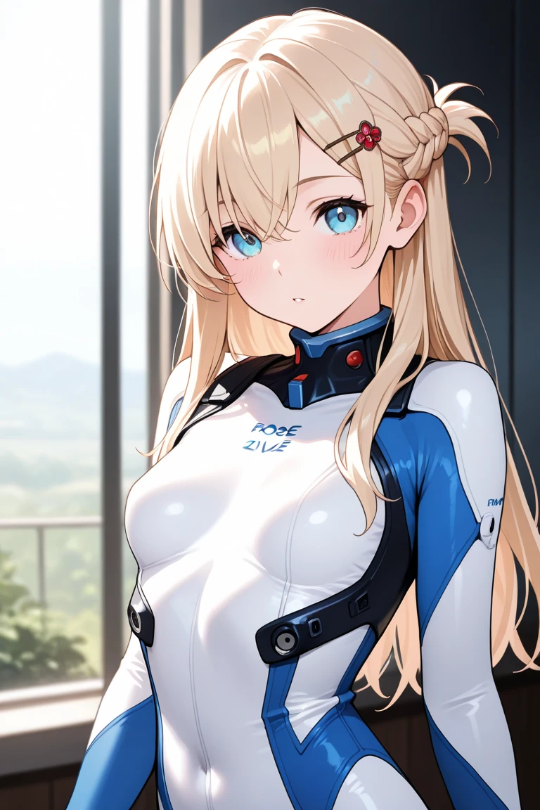 (master part, best quality), 1girl, beautiful face, Fantasia Cosplay Asuka, Cosplay, Plugsuit, Bodysuit, ornamento de cabelo, Realistic, sozinho, Detalhe Perfeito Face, olhos azuis detalhados, Very detailed, Corar, ornamento de cabelo, Chignon Cabelo de Mogno, (blonde hair), Fato Plug 02,Shikinami Asuka Langley, pernas finas e bonitas, rosto jovem, Olhos bonitos, terno de corpo inteiro, fundo preto+parte transparente genital bem dividida a vagina