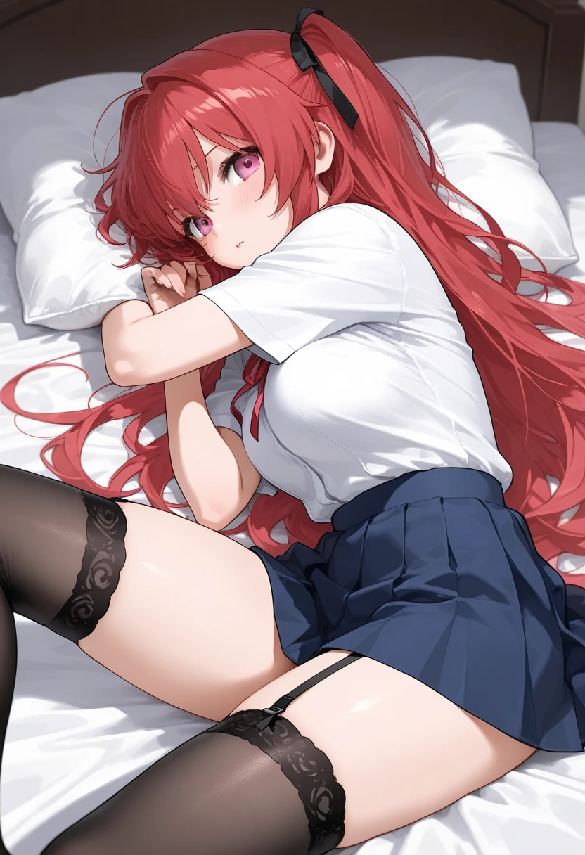 (absurderes、Absolute resolution、incredibly absurdness、hight resolution、ultra-detailliert:1.0、Official art)、master piece, Sharp Focus ,Delicate Beautiful Hair and Eyes and Face, Lifelike, Hyper-detailing, a matural female, Dynamic Hair, slender,Nudists, (Wearing a black cardigan and white low-rise panties),natural(large boob:1.2), Side, Transverse breasts,((The areol)),(teats),((exposed breast)), Beautiful cute woman,Smooth skin,(Delicate pale red hair),(length hair),Delicate yellow eyes, , , A look of frustration,(Lying face down on the bed), Lying face down, (Hug a pillow), Buttocks, thighs thighs thighs thighs, Sexy legs, (profile)