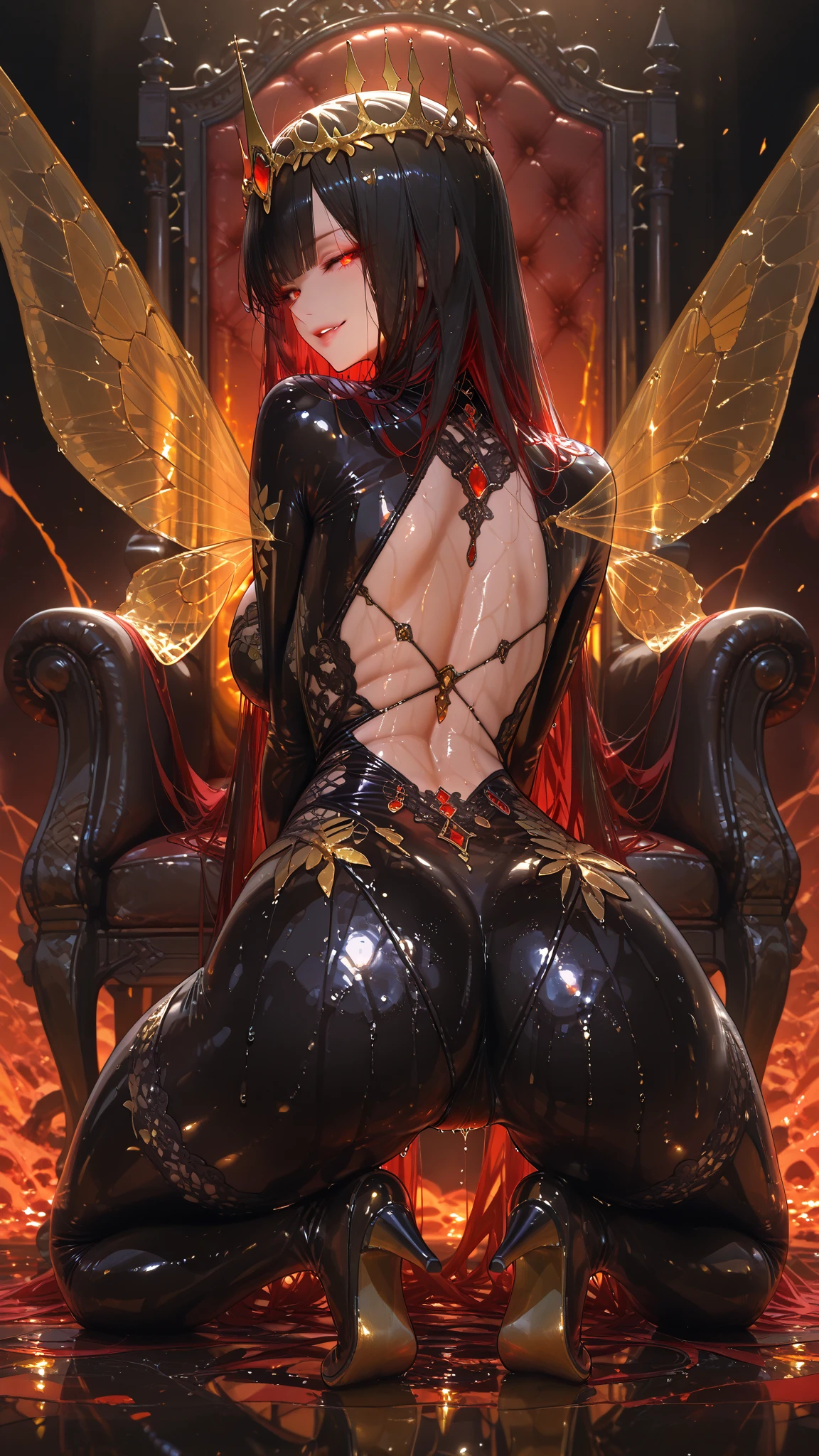 ((NFSW:1.8)), ((Highest quality、masterpiece、8K、Realistic、超High resolution:1.3、Very delicate and beautiful、High resolution))、Cinema Lighting、medium range shooting、Portraiture、Perfect female body、Opposition、Looking at the audience、((Sit on the bed with your legs wide open:1.8)), ((Succubus from Another World:1.8、(Jet-black wings、Sparkling eyes:1.4)、Captivating smile、Sharp Fangs、(Long Orange Hair:1.6)、Elegant velvet dress、Deep chest、Bewitching posture))、((Cum on body / Bukkake:2.0))、Dark aura、magicの指輪、Black lace gloves、Seductive voice、Sharp Claws、Seduction Perfume、Fluid movement、The beauty of the dark night、sparkling gemstone necklace、Emblem of Temptation、magic、The Mystical Aura of Emerald Earrings、A space shrouded in darkness、Voluptuous body、Wicked Charm、devil'tail、Bright red lips、Cold laughter、((Ecstatic expression:1.4、Ahegao))、Dark Cave、Passionate eyes、The magic of seduction,