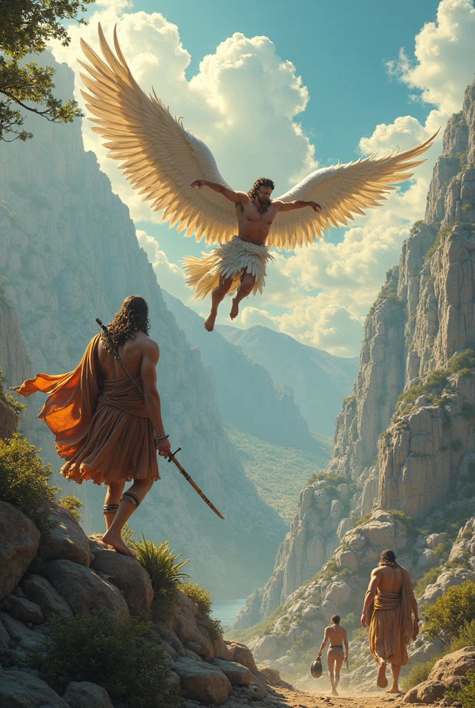 Angels  fly with jetpack kicked adam and eve from Eden scene with modern outfits.outside of the Eden is like desert .put futuristic outfits. Adam and eve wears like stone Age Homosapien and looks very sad. 