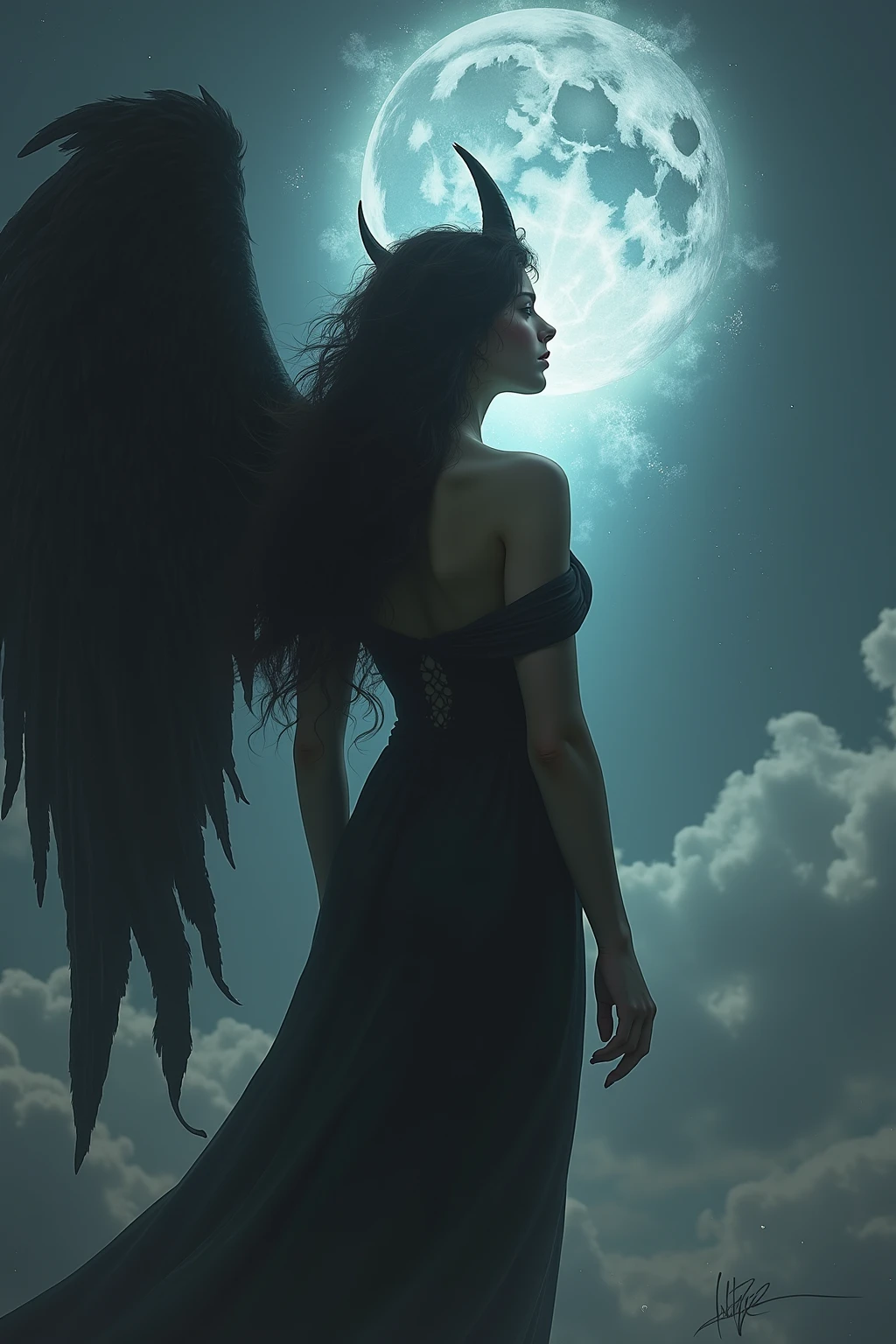 ((best quality)), ((masterpiece)), (detailed), alluring succubus, ethereal beauty, perched on a cloud, (fantasy illustration:1.3), enchanting gaze, captivating pose, delicate wings, otherworldly charm, mystical sky, (Luis Royo:1.2), (Yoshitaka Amano:1.1), moonlit night, soft colors, (detailed cloudscape:1.3), (high-resolution:1.2)