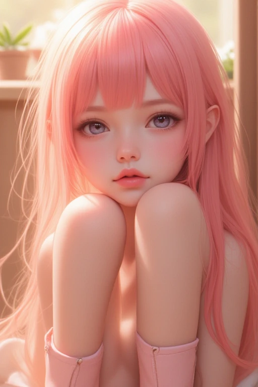 (masterpiece, best quality:1.4), Young blonde beauty, (((adult, neat girl))), detailed blue eyes, long eyelashes, blush, kind smile, horny, upper body, wet, topless, small ass, shaved pussy, (open legs), (looking at viewer), beautiful blonde hair, white-skinned, (bangs:1.3), (from above), squeezing, (small breasts), (mushroom forest, colorful celestial forest, beautiful and magnificent pink sunshine, majestic sky), natural light, pastel colors