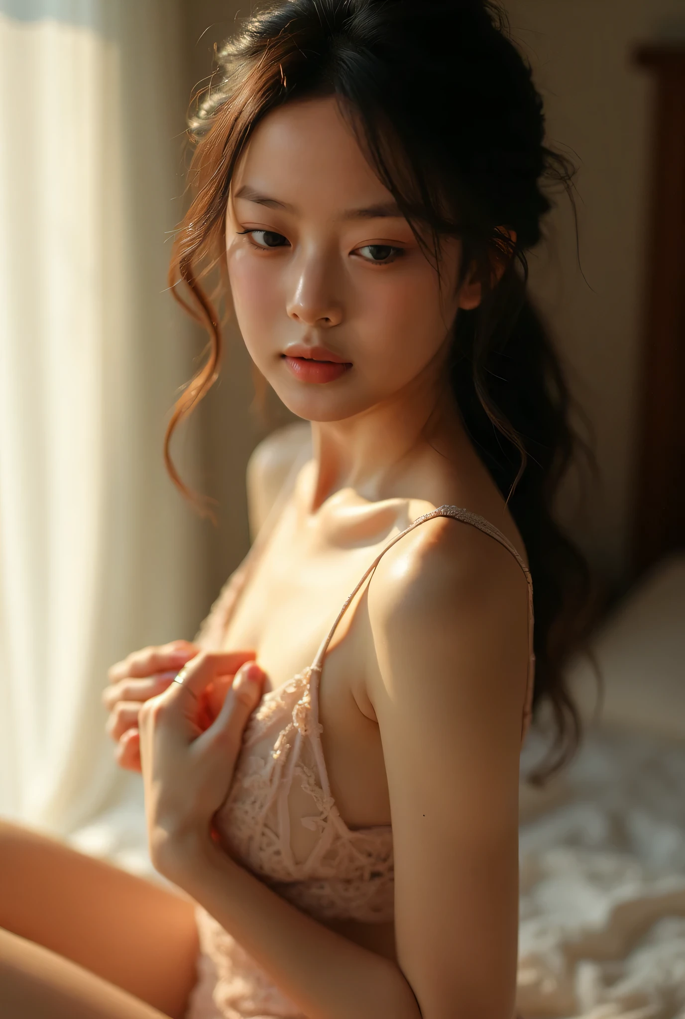 A yellow short hair asian girl with the sexy pyjama