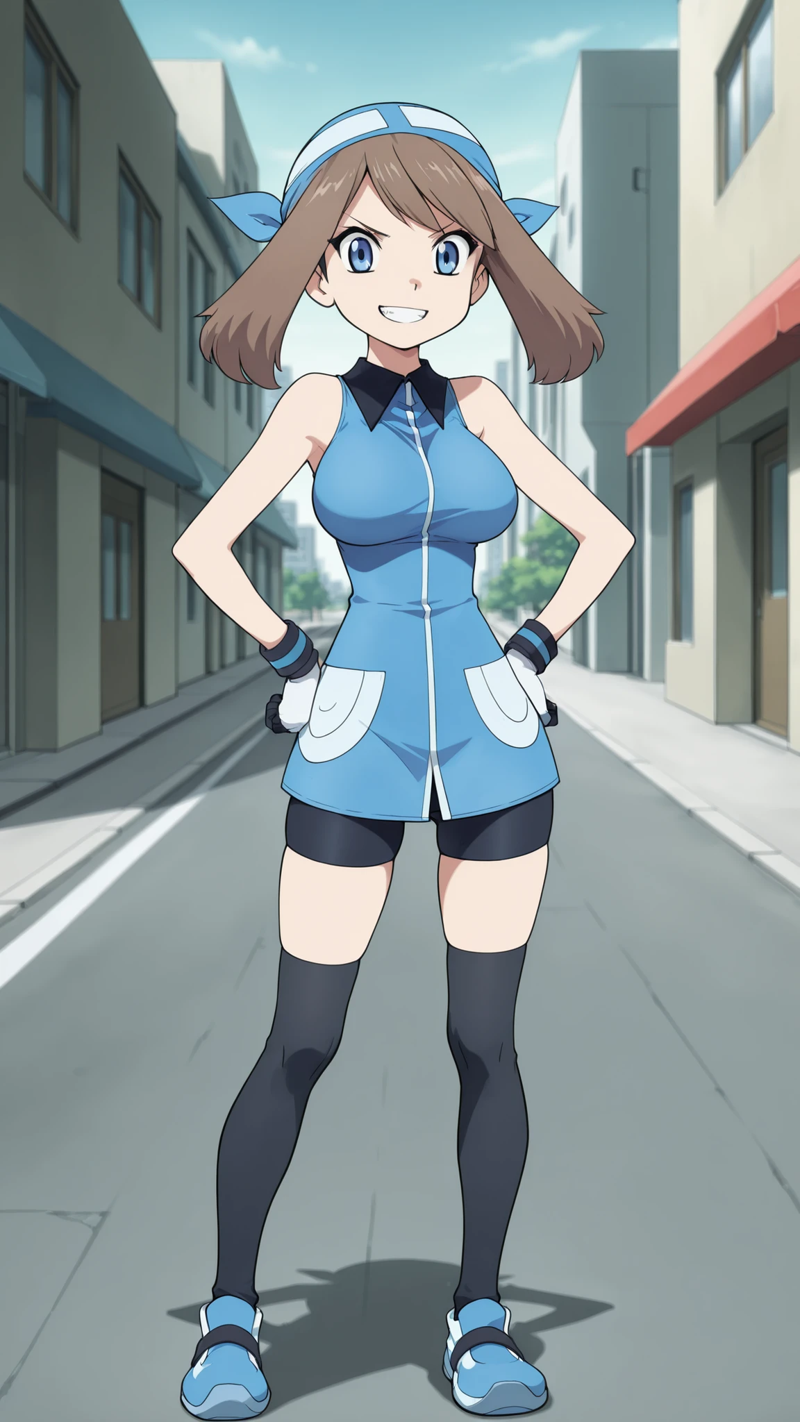 adult older sister, Tall, big boobs,  jam one's hands on one's hips, black knee-high stockings, Absolute region, thighs, Blue shoes, blue bandana, blue sleeveless tunic, Miwaki, black mini bike shorts, gloves, ((top quality)), ((masterpiece)), ((details)), ((anime screenshot, anime cong, )) SapphireBirchILXL, solo, 1girl, two legs, two arms, anime coloring book, 1 woman, Age 18, Full Body, slim sexy body that can be licked by mobs, Brown hair color , twin tails, blue eyes, A determined smile, teeth, watch viewers, standing, City, Sidewalk, May, (\Pokémon\), score_9, score_8_excellent, score_7_excellent, score_6_excellent, Source_anime, cell shading, flat color, vector,