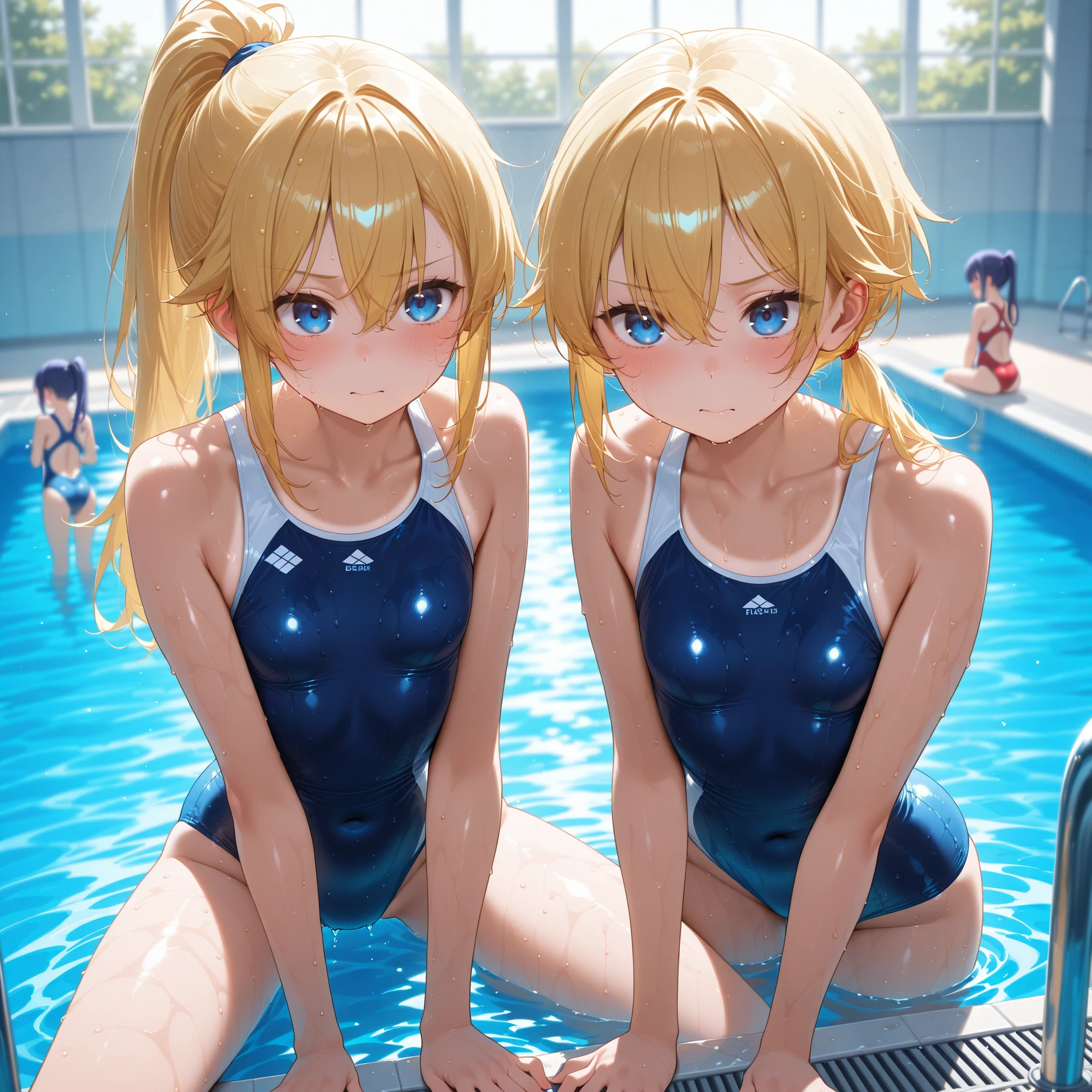 best picture quality, 8K, high quality, masterpiece:1.2), ((masterpiece)), (high detail, high quality, best picture quality), bokeh, DOF, Portrait, open stance, (cute illustration:1.2), (small size breast), inside poolside, sunny days, sitting, beautiful light, (2 girls with various hair color and hair style:1.3), (dark navy school swimsuit,), cute face girl, sexy, smile, armpits, little child, loli, very short cut hair, bun hairstyle,