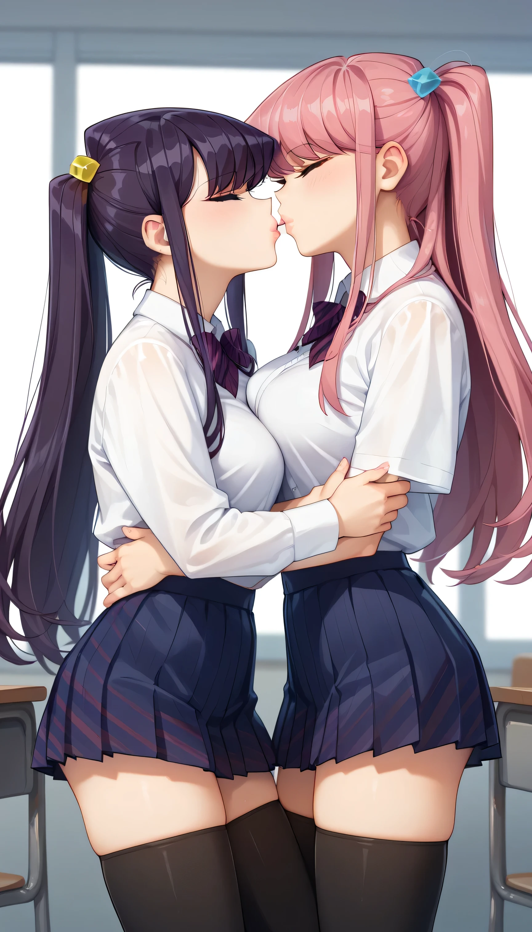 masterpiece, best quality, highly detailed, ultra high res, ayase arisa, 2girls, ((mutiple girls)), (Komi Shouko, long hair, purple hair, purple eyes) , (Hitori Gotoh, Blue eyes, Pink hair, long hair, cube hair ornament), , glossy lips, large breasts, white shirt, pleated miniskirt, thigh highs, school field, ponytail, twintails, eyes closed, facing each other, kissing