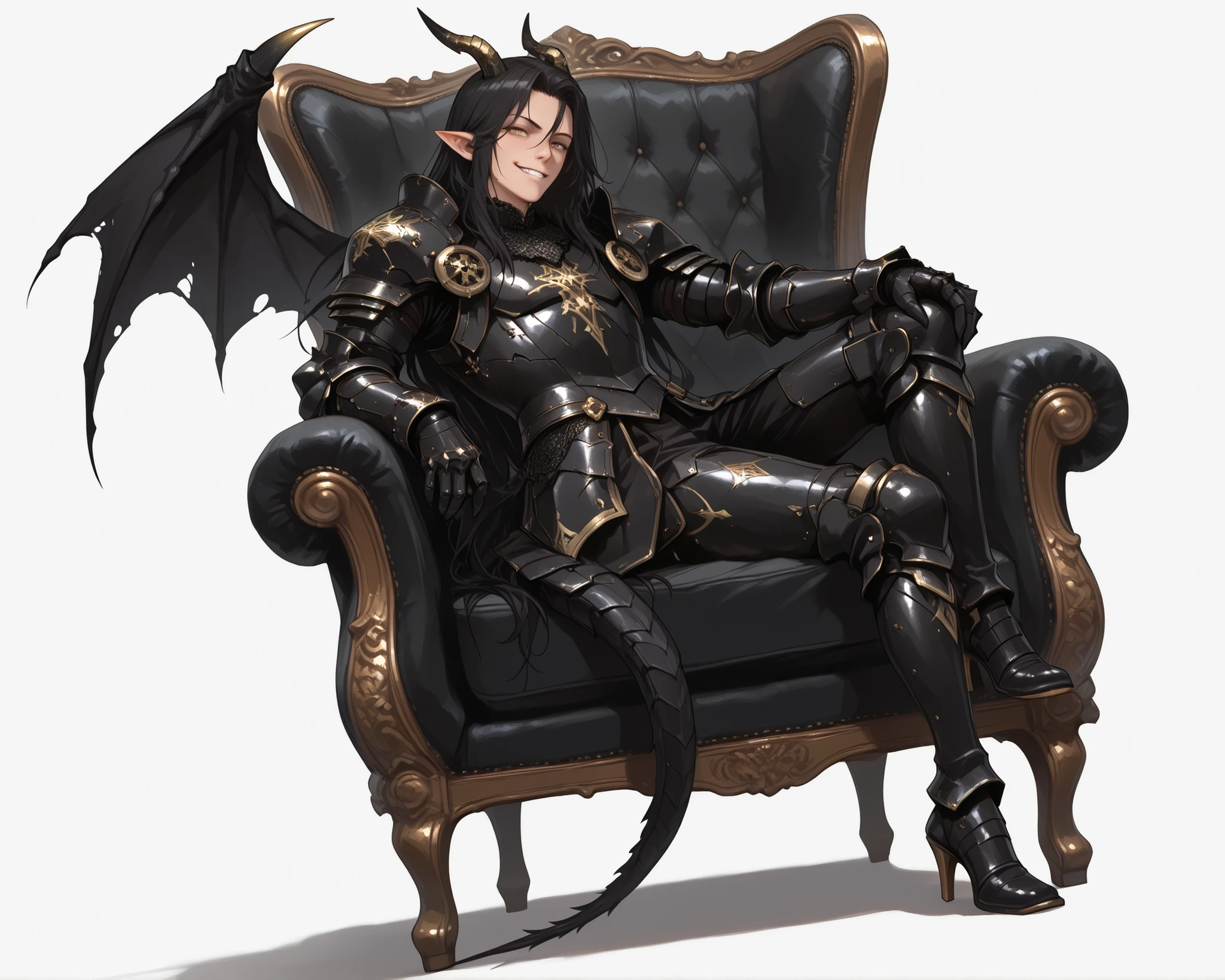 score_9, score_8_up, score_7_up, absurdres, (((128K Ultra High Resolution))), (masterpiece, best quality: 1. 5), (high definition: 1, 4), highres, 8K wallpaper, (excellent graphics: 1. 5), CG, (((Japanese Anime style))), (1 male), solo, ((lean body, masculine)), weredragon, glossy black, shiny black leather, ((beautiful golden eyes, finely detailed eyes, bright eyes, slit pupils)), hair between eyes, black hair, long hair, sideburns, wild hair, (sly grin, sinister grin, smirk), teeth, confident, (((ultra detailed face))), shiny skin, long pointy ears, twisted torso, long-legged, sculpted face, wasp waist, dragon horn, dragon tail, dragon wings, dragon sharp claws, (black armor with a lot of grandiose decorations: 1. 5), half dragon half human, (sit cross-legged, closed legs, sit sideways, luxury antique red plush velvet chair: 1. 5), (dramatic angle, dynamic pose: 1. 5), (ultra detailed black armor, well-polished black armor: 1. 5), (gold-adorned armor: 1. 5), all black outfit, full body, emphasize face, sharp focus, good-looking man, (best illustration, highly detailed artwork: 1. 5), (cinematic), dramatic lighting, (intricate detail, extreme detailed, super detailed: 1. 5), chiseled features, (stark contrast, heavy shadows: 1. 3), detailed black decorations, beautiful & aesthetic, photoreal, (from side), (mysteriously crafted black metal armor: 1. 5), thick & luxuriant hair, (ultra detailed fantasy black armor, wonderful black armor: 1. 5), (realistic metal texture), broad shoulder, true-to-life visuals, artistically refined, (extremely delicate & beautiful armor, elaborate armor details: 1. 5), (giant black armor, dark armor, stylized armor: 1, 5), (((armor-type high heels))), (extremely detailed armor with intricate engravings, intricate armor with gold ornaments: 1. 5), ((very gorgeous and dazzling)), (dark fantasy black knight: 1. 5), slim waistlines, wide chested, sinewy body, (Hyper Detailed & Perfectly Designed Black Armor: 1. 5), (simple white background)