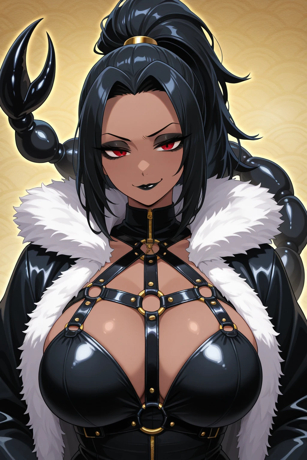 Gnoll woman, woman, red eyes, black fur, spike collar, Gnoll woman, big , big tighs, 4k, hd, pretty face, messy hair, menacing, acurrate eyes, sharp pupils, scary look, sword, (human head), (Mohican), (tribal clothing), exposed belly, (black hair), (hyena ears), long hair, tribal tattoo
