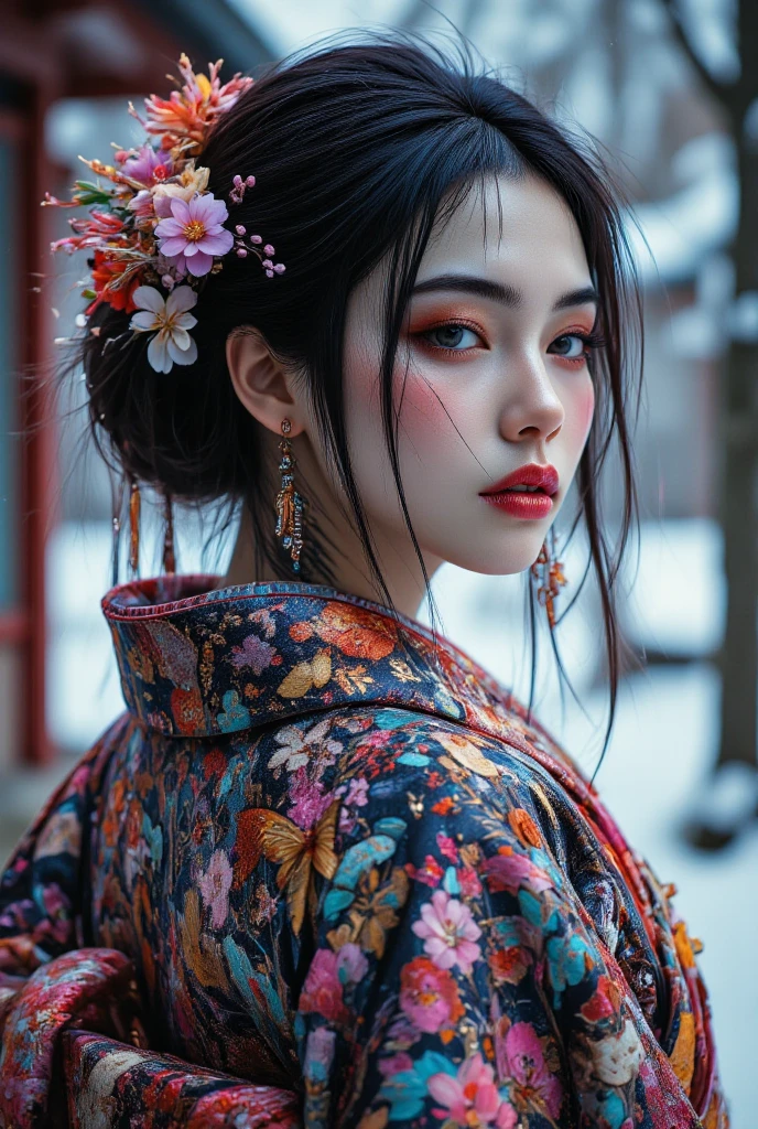 cinematic film still, young geisha, cyberpunk, undefined