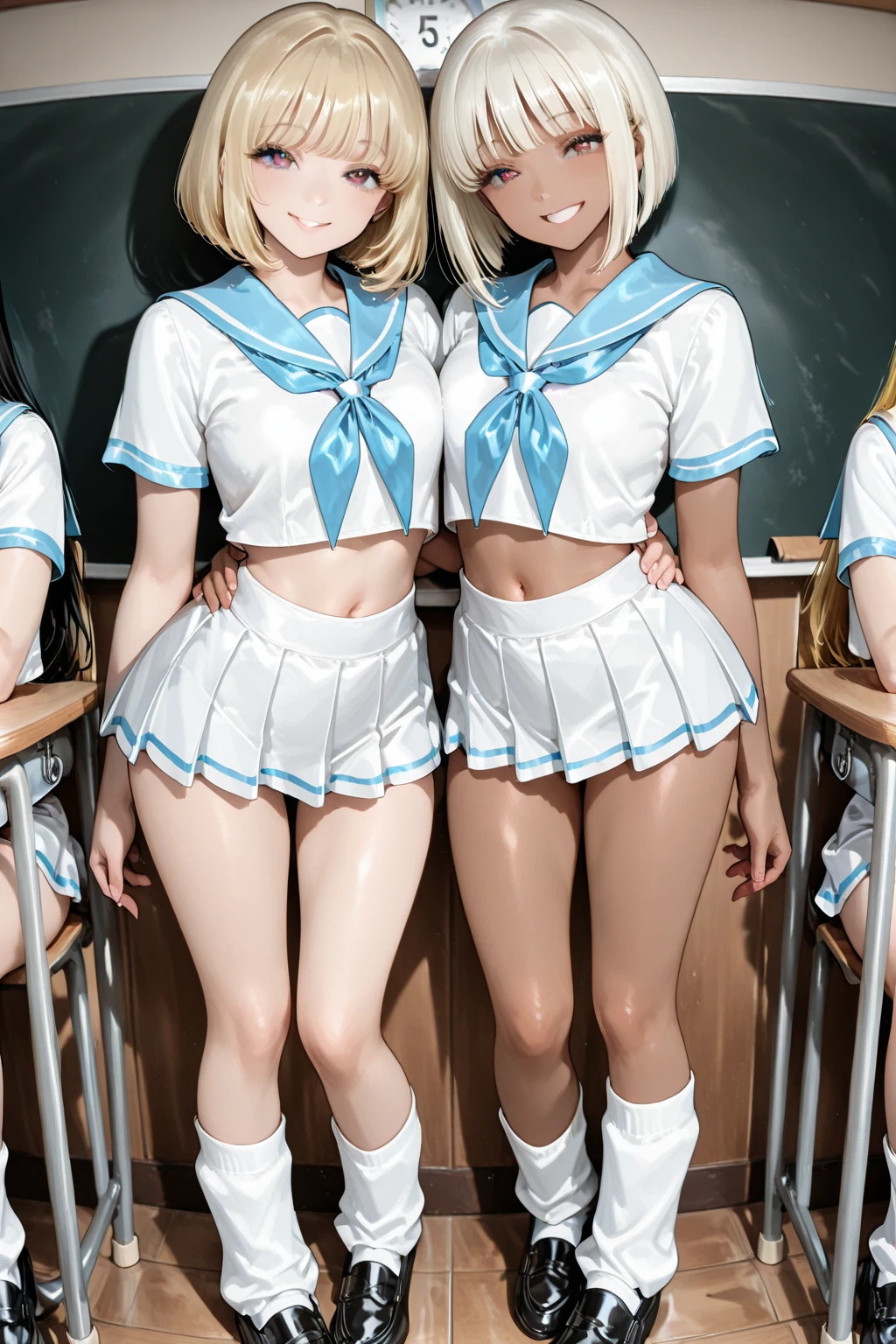 (((masterpiece, highest quality, High resolution, 超High resolution, Perfect Pixel, Depth of written boundary, 4K, RTTX 10.0, High resolution))), (Four adult women:1.3), Beautiful Anime Woman, Beautiful art style, Anime characters, ((Long Hair, bangs, Dark brown hair, Various hairstyles, ponytail, Twin tails)), ((Beautiful eyelashes)), ((Detailed face, blushする:1.2)), All four have different faces, ((Smooth texture, Realistic texture, Anime CG Style)), Perfect body, (Slender body:1.2), Beautiful and big breasts, Exact finger count、Exact number of legs、Exact number of arms, (blush:1), (The four women are walking down the stairs, each with their skirts lifted.:1.4), (Fashionable white shirt, Sailor collar, (Knee-high socks:1.2), loafers, mini skirt:1.4), Realistic, highest quality, High resolution, 非常にDetailed face, Perfect lighting, Extremely detailed CG, (Perfect hands, Perfect Anatomy), Embarrassed expression, (School stairs:1.5), Morning sun-like lighting, whole body, ((Stylish and sexy shiny satin panties, Stylish lace side-tie panties, Panties with a simple plain center and black lace decoration on the sides, Panties with different designs for everyone, White panties, Dark pink panties, Dark Blue Panties:1.2)), Angle from the front、(Beautiful and thin thighs:1.2), All about the same height, Feeling embarrassed