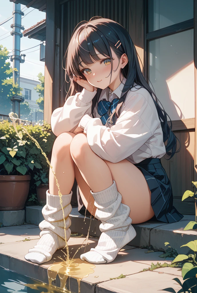 very cute and beautiful girl,(Very detailed美しい顔), (smile),blush,Black Hair,Seraphim,(White Shirt、Pleated navy blue pread your legs、Squat)、Sitting、(From below)、(Lacy white panties), Country road、Distant Tree々and the city, (Highest quality,masterpiece:1.0),Absurd,High resolution,Super detailed,Very detailed,32K,8k resolution, Intricate details,Movie Scenes,Detailed Background,alone,Dynamic Angle,
