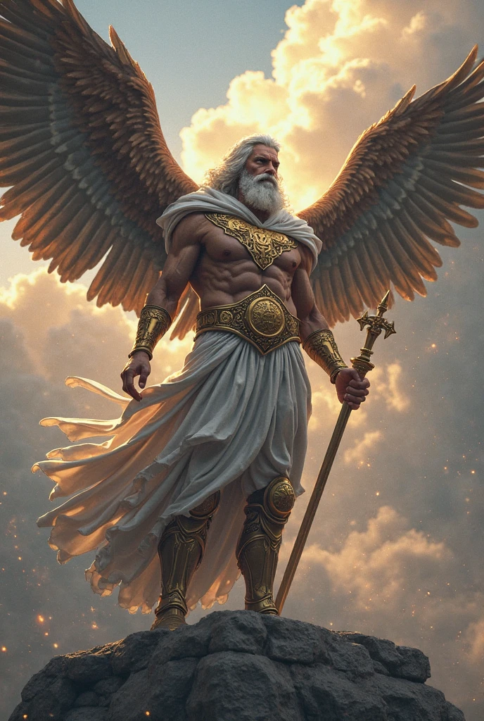 Giant male angel in a golden Greek style robe holding a giant golden sword with both hands raising the sword above his head