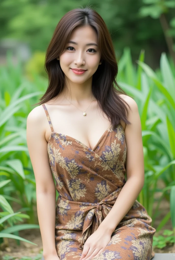 masterpiece, black hair, beautiful, elegant. Ultra-fine details, masterpieces, realistic textures, realistic cinematic lighting, perfect work, 8k, HD, delicate facial features, (Image from thighs to head), large breast, smile, (Japanese idol:1.2), Goldenrod sundress with a wide-brimmed hat, Radiant, Sunny meadow, Blossoming wildflowers,