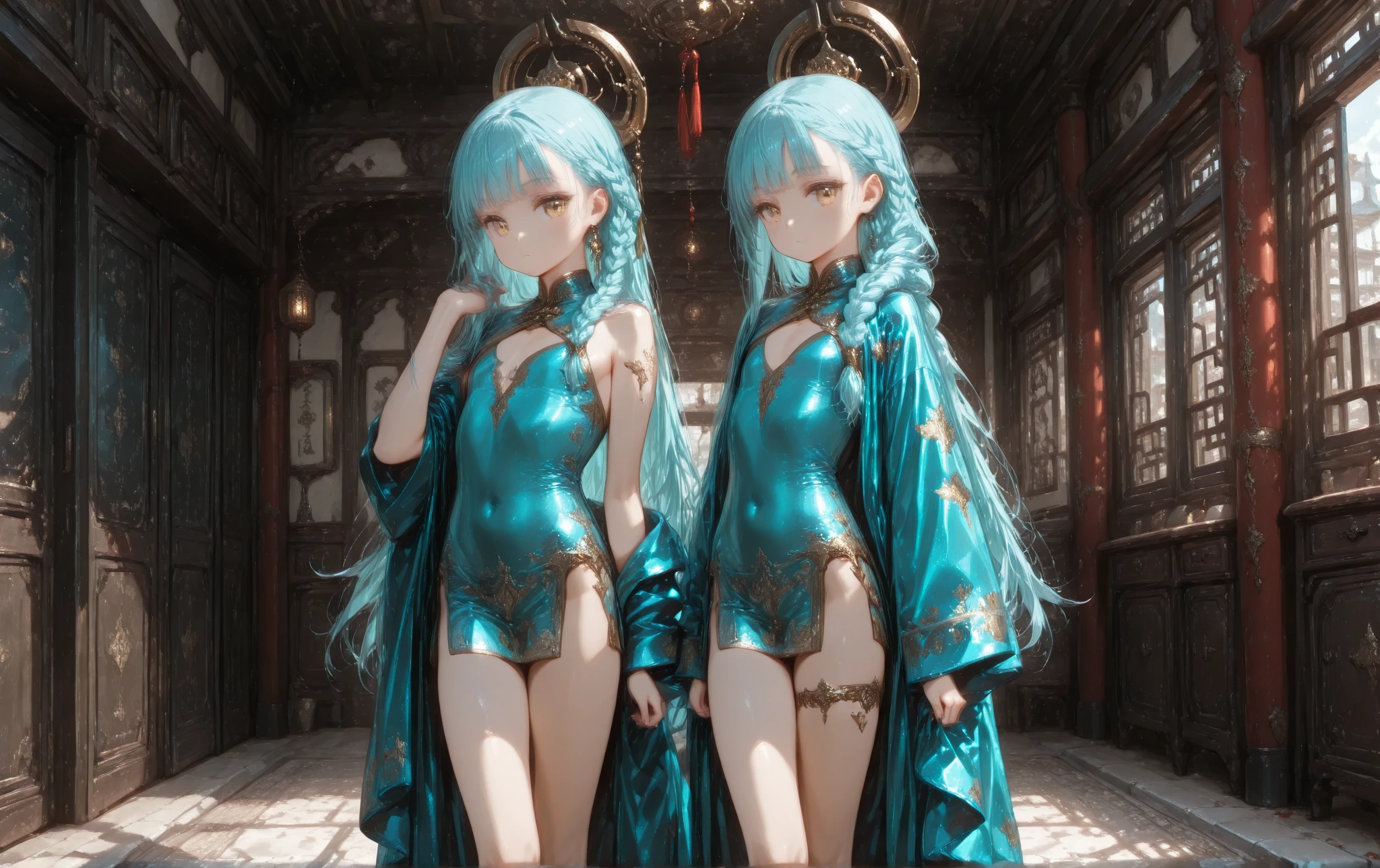 Transparent hair、hime-cut、Golden Eyes、eye glasses、ssmile、Sisters in their early teens、flat chest、Thin pubic hair、Beautiful open legs、Jersey