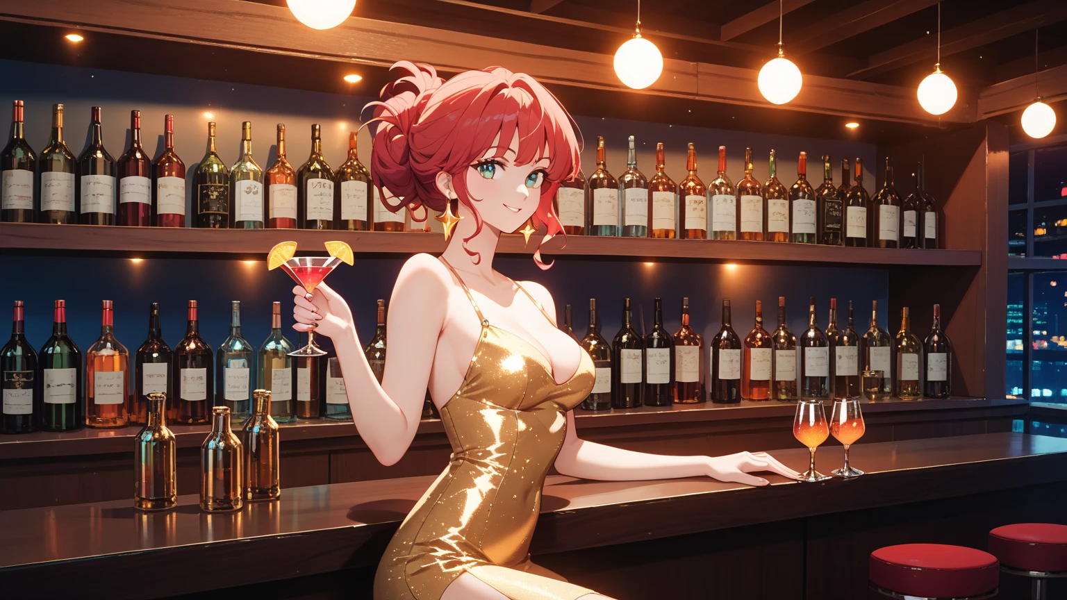 nobara kugisaki, elegant and sexy dress,theatre vip seat,vip seat ,theatre, elegant looking,sitting on chair, glass table,drinking red wine,sexy, crossed legs,white heels, large breasts ,ftont look, mocking smile,seductive face,red nails ,messy hair, pleasure face,smiling, detailed face, detailed eyes, wine in hand,looking at teathre performance
