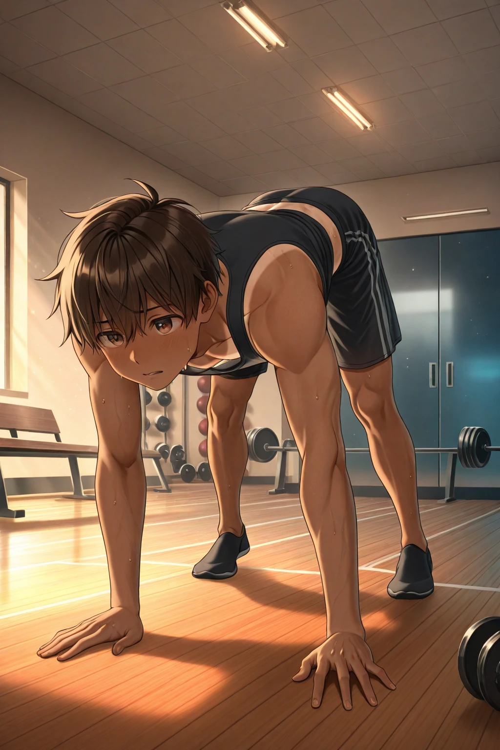 Libido boy，Tong，big breasts，big bag，Reclining，first person perspective，spread legs，dark atmosphere，8K,Cinematic lighting effects，textured skin，best quality，Narrative images，Narrative images，dynamic blur，action pose，Viewing angle by height,Physical Education student，basketball suit，‎Classroom，with brown skin，Serious expressions，Hot gas，abs，full body, Bare legs，White short socks，sitting，Undress，Take off your pantuscle