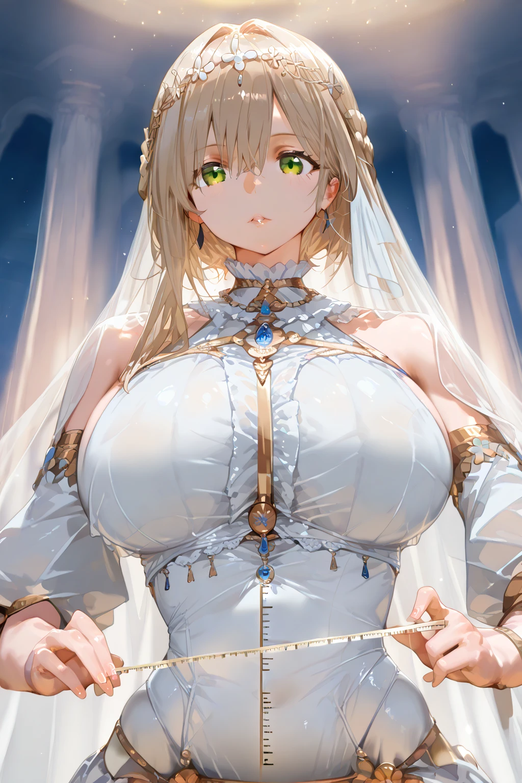 masterpiece，8K，A woman with big tits，Gorgeous woman，transparent，Long blond hair，big hair，((hime cut))，Gorgeous jewelry，Crystal Hair Accessories，Cleavage，pubic，In front of the altar of the majestic church、（Blurred background）、Brighter light，(Elegant gloss）、Hollow dress，Lots of ribbons、((Puffy sleeves))、Long cuffs，Multi-button、Gold embroidery、Long trains、White embroidered gloves、Five fingers、red cheeks，