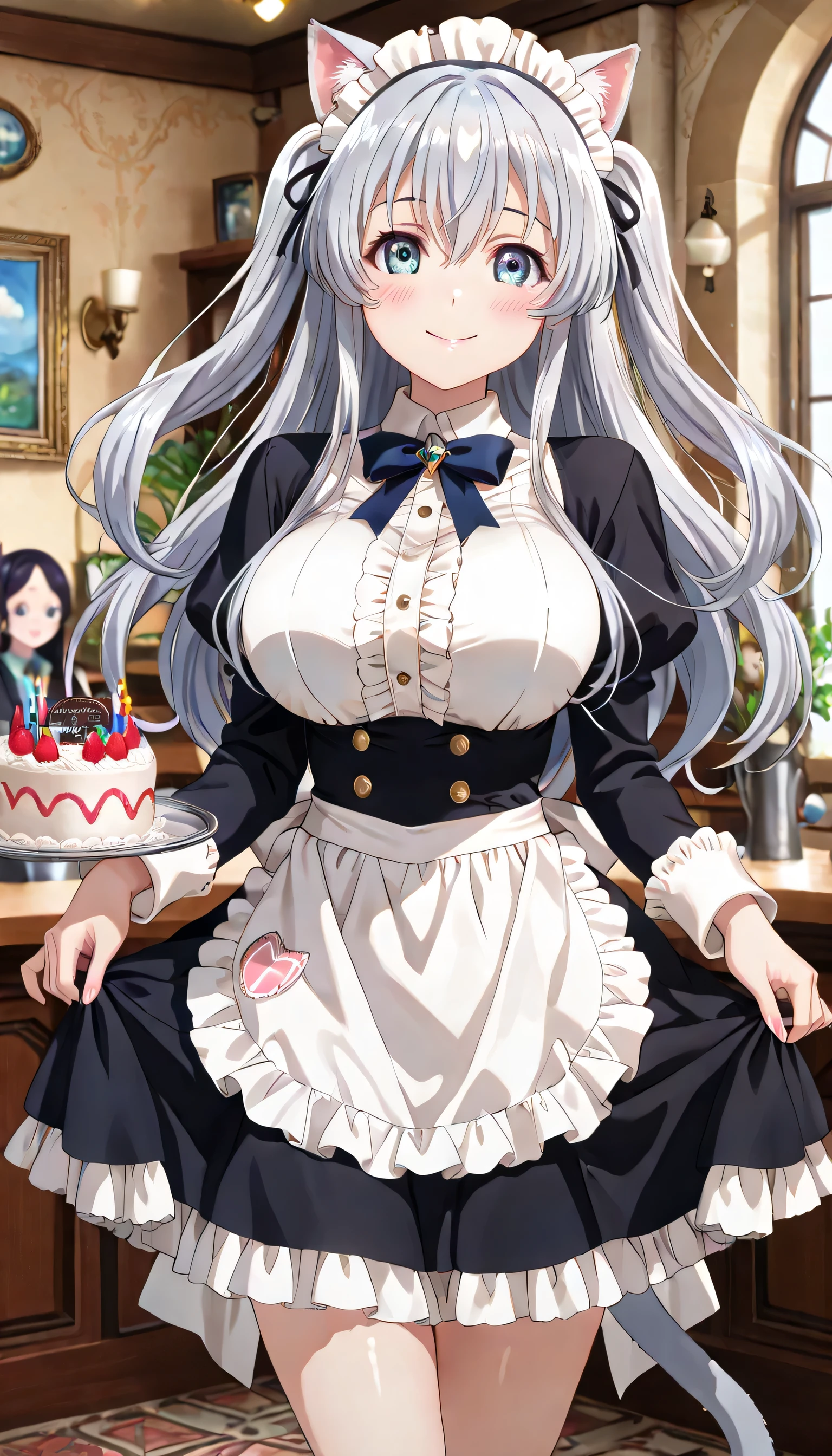 ((ultra-detailed)), (highly detailed CG illustration), (best quality:1.2), ultra-highly detailed, colorful composition, artistic photoshoot, 1girl, solo focus, thigh to top:1.4, cowboy shot:1.4, moe anime character, round face, rounded chin:1.2, celia-default, celia claire, short stature, blue eyes:1.3, sagging eyes:1.3, silver hair:1.3, long hair, two side up, hair ribbon with black, cat ears, cat tail, classical maid uniform:1.3, maid headdress, ample breasts, deep royal blue neck bow with ruby jewelry, curtsey:1.2, smile:1.2, happy:1.2, blush:1.2, standing by the cafe atelier, featuring a maid serving coffee to customers, vintage decor, and a welcoming atmosphere, have a birthday cake, dynamic pose, contrapposto pose, from front, best quality, masterpiece, expecting, pink cheek, blush, light pink gloss slip, portrait, depth of field, soft lighting, sidelighting, (shine), lighting, caustics, ray tracing, smile, perfect face, lustrous skin, highly detailed face, highly detailed eyes, perfect face, perfect nose, perfect hair, perfect eyes, perfect anatomy, beautiful hair, beautiful small face, extremely detailed face, beautiful detailed eyes, beautiful clavicle, beautiful body, beautiful huge breasts, leavage, breasts squeezed together, equalize the size of the left and right breasts, beautiful thin thighs, beautiful legs, beautiful fingers, 4 fingers, 1 thumb, lovely, (very detailed background:1.0), (highly detailed background:1.0), spring aesthetic, intricate details, festive atmosphere, joyful atmosphere, spring colors palette, chromatic aberration