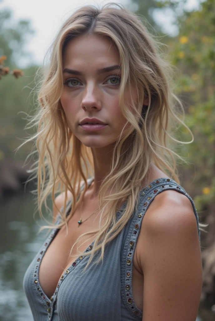 A captivating portrait of a voluptuous boho woman, with a fair complexion decorated with delicate freckles. Her striking green eyes and long, wavy blonde hair add to her mystique. She stands with a contemplative expression, lost in thought. She wears a light, flowy scarf wrapped around her neck and a denim jacket, with a deep V-neck linen shirt. A delicate necklace and various boho jewelry adorn her, reflecting her unique style and flair for fashion. The background is simple and uncluttered, allowing the viewer to focus on her beauty and essence.