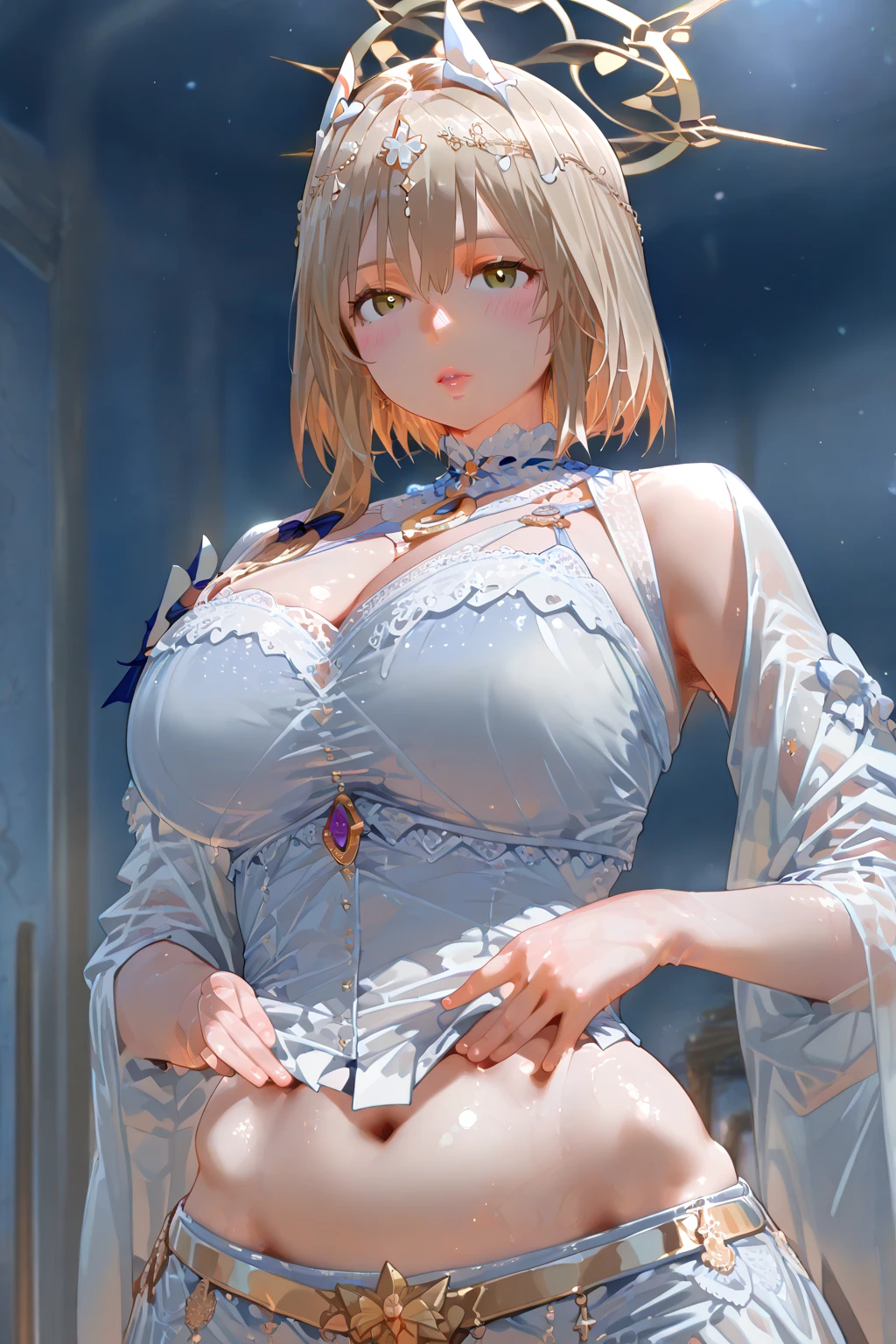 (Best quality、Masterpiece)、Joyful、12 years old、Fair complexion、blond hairbl、Transparent clothes、Without underwear、chaste、Sexy、Detailed、exposing her underwear、without dress、exposing boob
