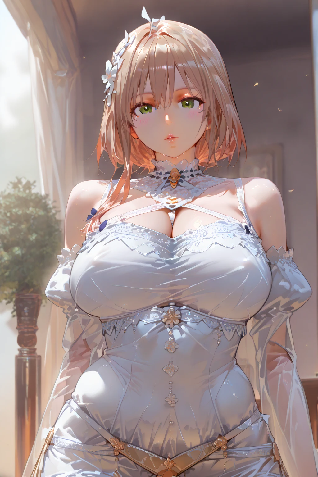 Realistic, 1girl, white hair, purple eyes, glowing eyes, cut top, skirt, parted lips, blush, night, flowers, sun, sunlight, big breasts
